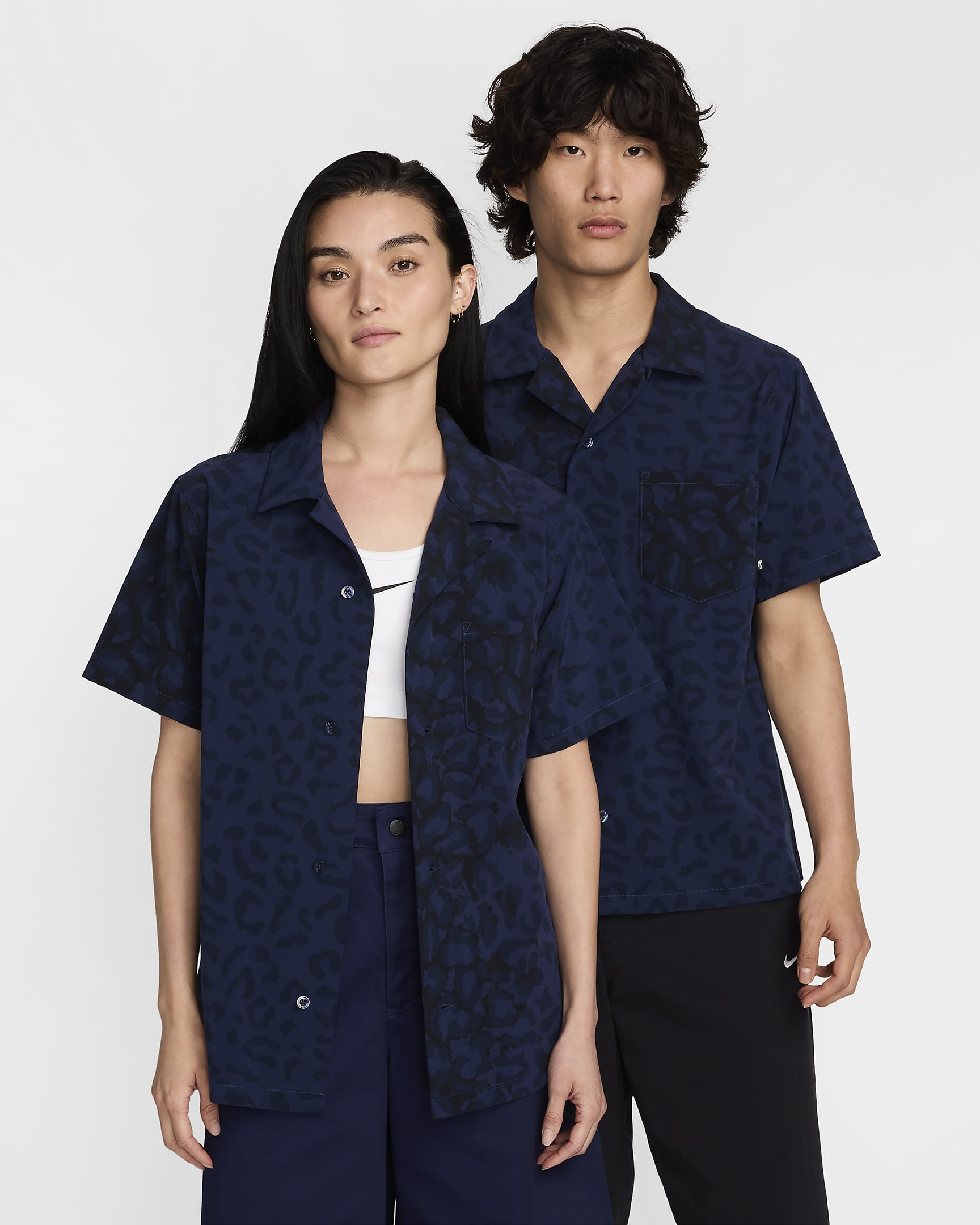 Nike SB Print Bowler Short-Sleeve Button-Down Skate Top - Midnight Navy