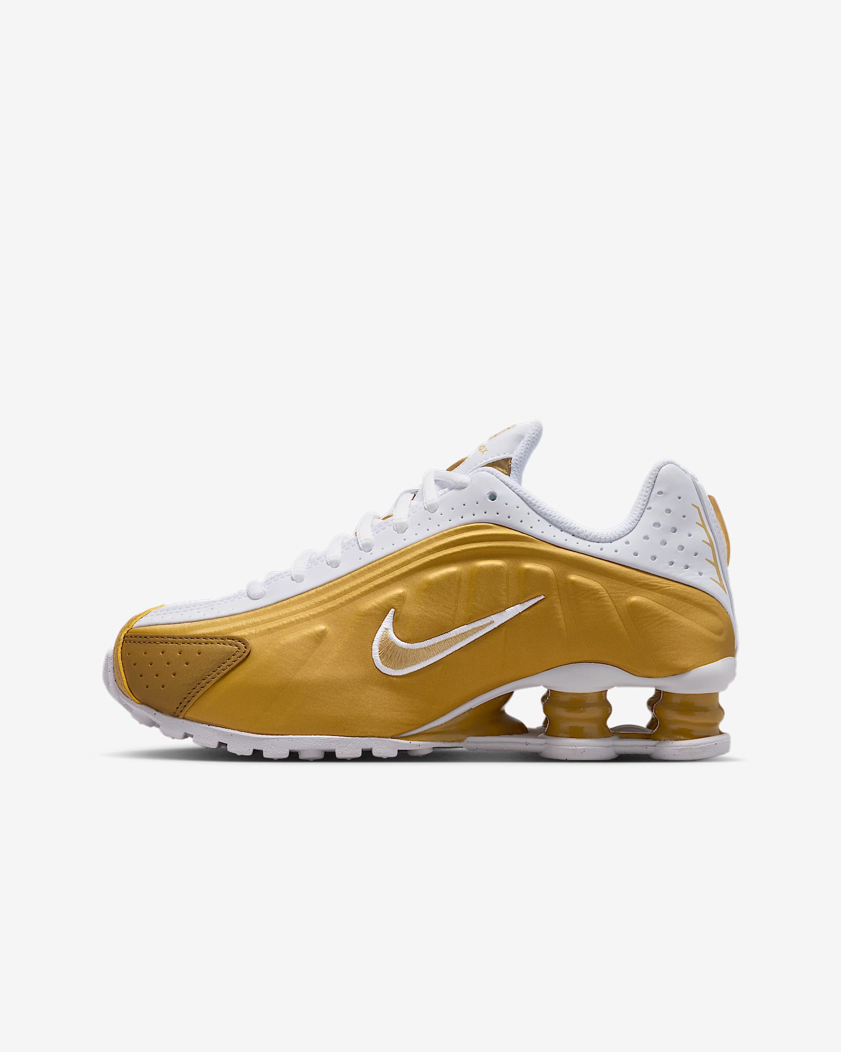 Nike Shox R4-sko til større børn - Metallic Gold/hvid/Metallic Gold