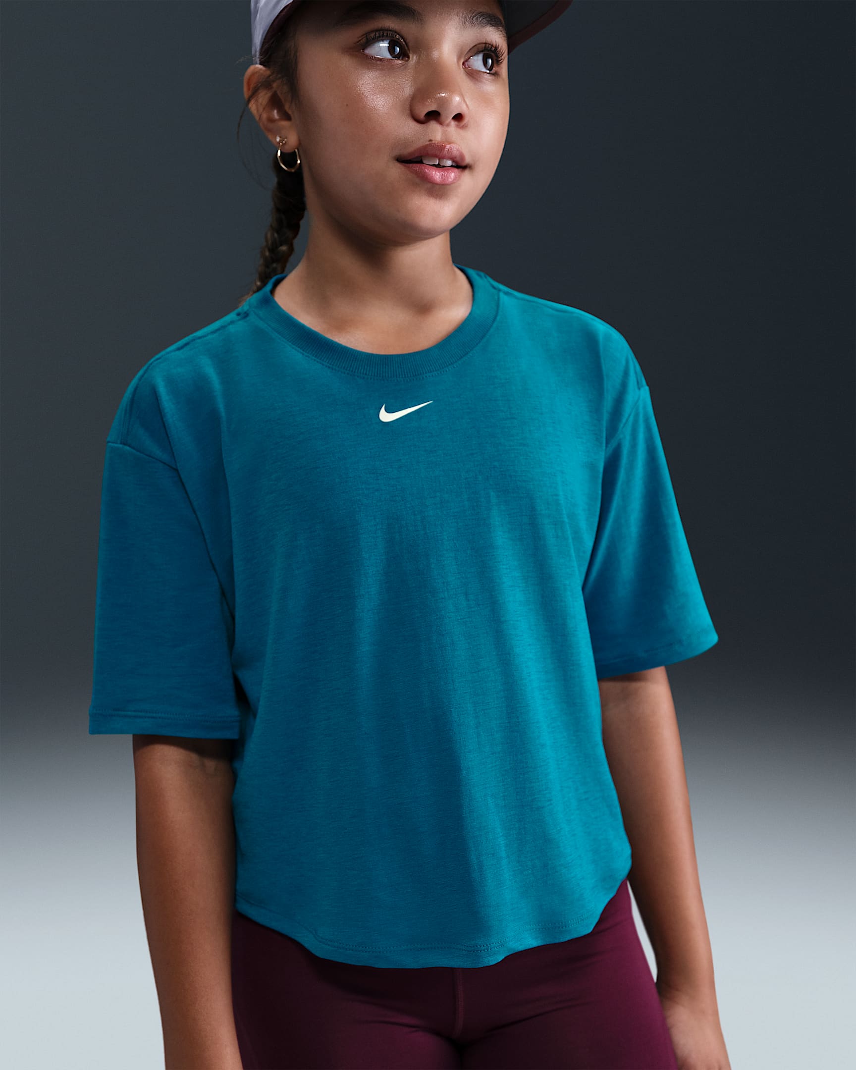 Nike One Relaxed Big Kids' (Girls') Dri-FIT Short-Sleeve Top - Green Abyss/White