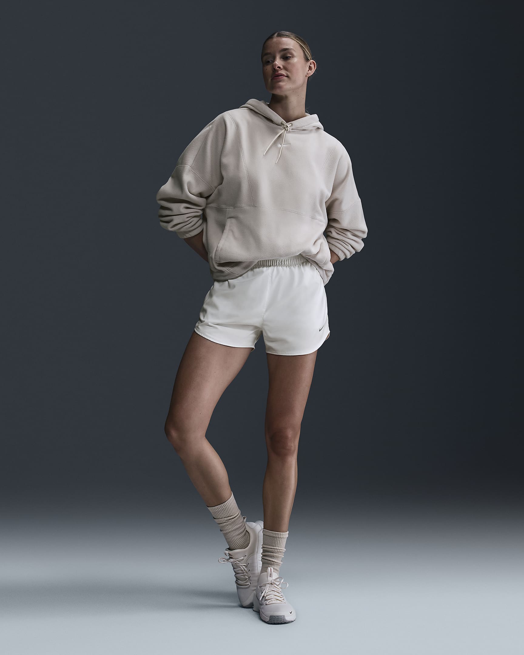 Nike One Women's Oversized Therma-FIT Pullover Fleece Hoodie - Light Orewood Brown/White