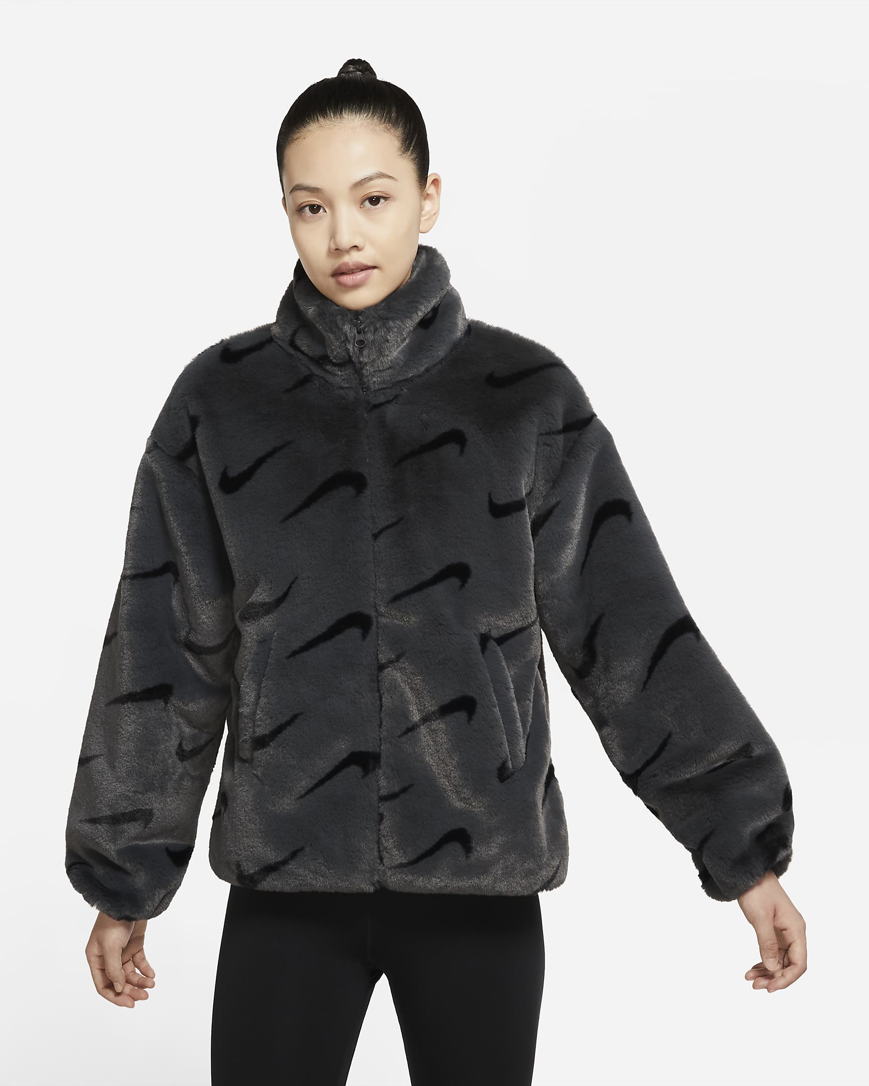 Veste en fausse fourrure à imprimé Nike Sportswear Plush pour femme - Dark Smoke Grey/Noir/Noir