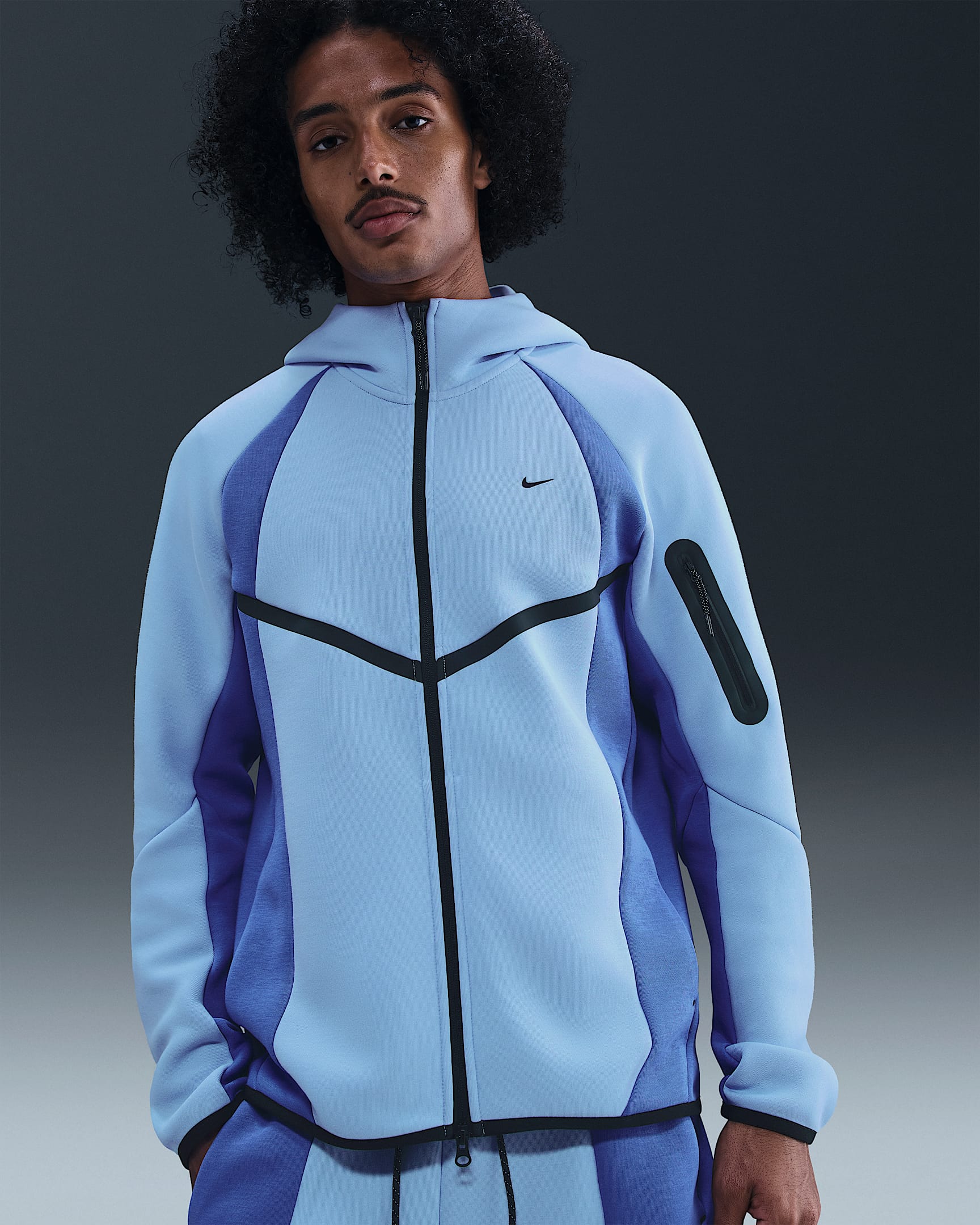 Nike Tech Windrunner-Fleecejacke mit durchgehendem Reißverschluss und Color-Block-Design (Herren) - Aluminum/Comet Blue/Schwarz