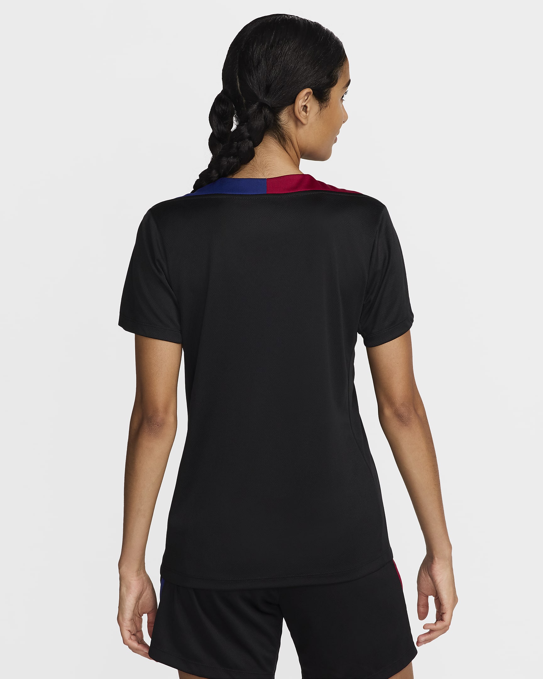 Camisola de futebol de malha de manga curta Nike Dri-FIT Strike FC Barcelona para mulher - Preto/Vermelho Noble/Azul Royal intenso/Castanho Orewood claro