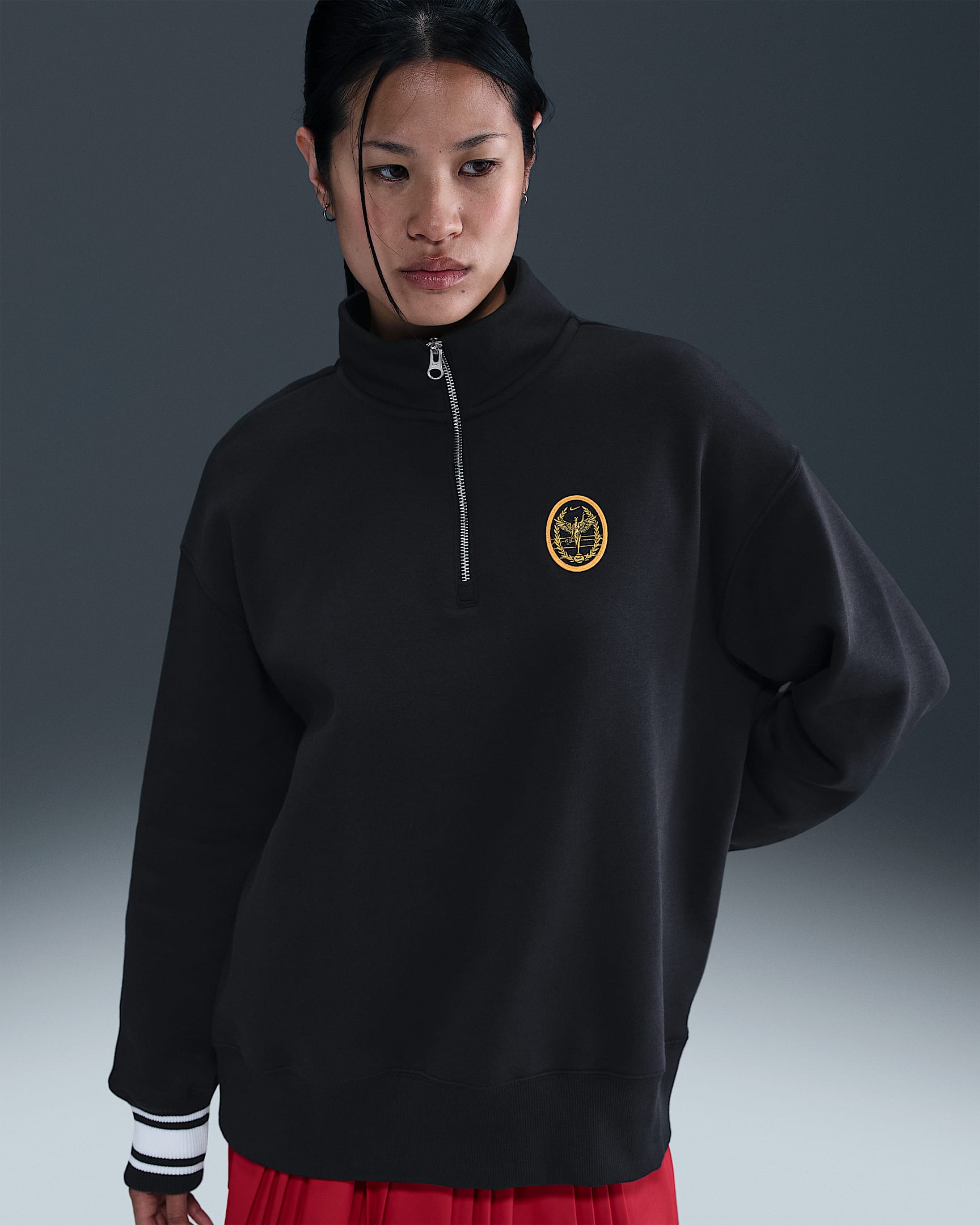 Sudadera oversized larga con cierre de 1/4 para mujer Nike Sportswear Phoenix Fleece - Negro/Blanco/Naranja láser