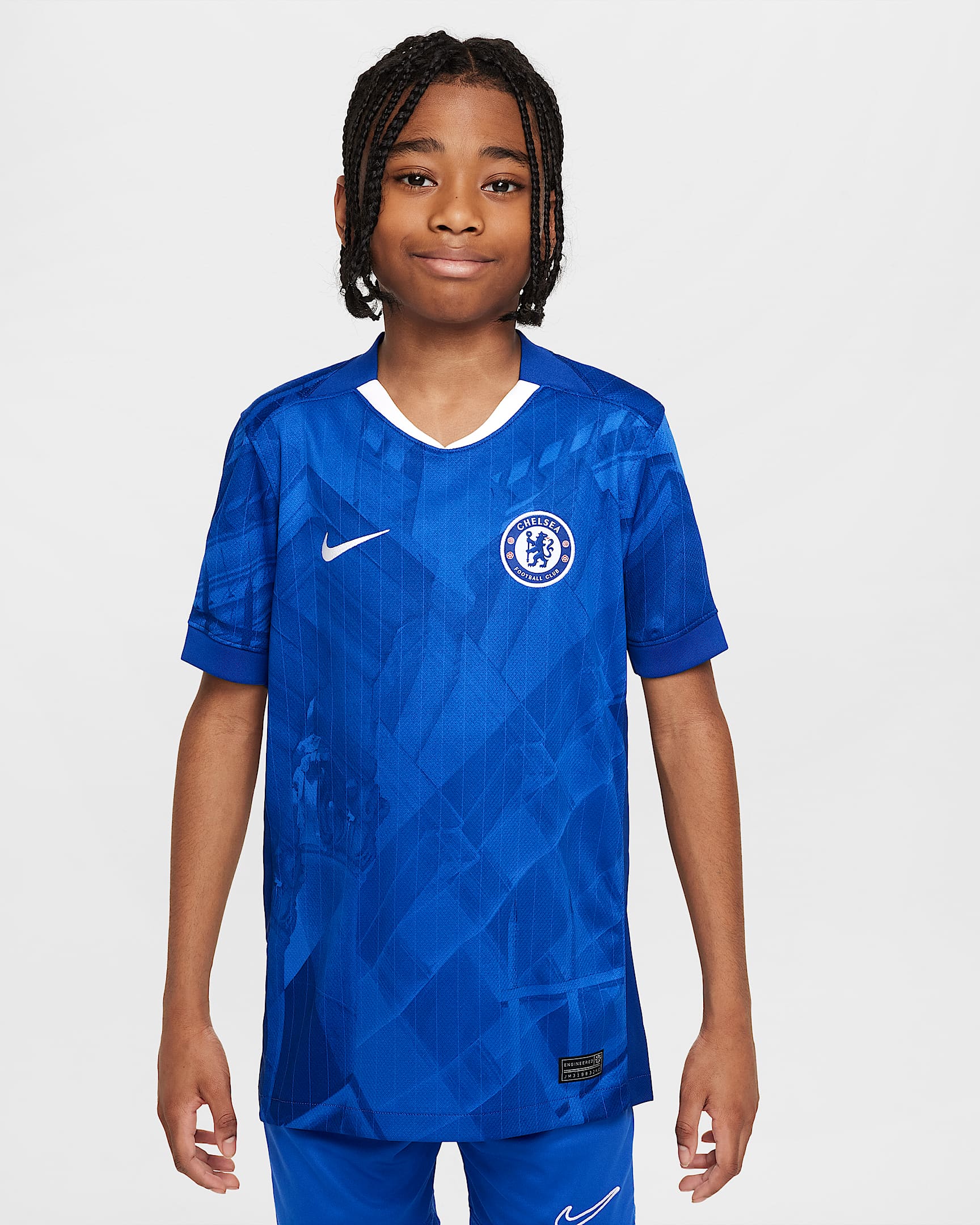 Chelsea F.C. 2025/26 Stadium hazai Nike Dri-FIT replika futballmez nagyobb gyerekeknek - Rush Blue/Fehér/Speed Red/Fehér