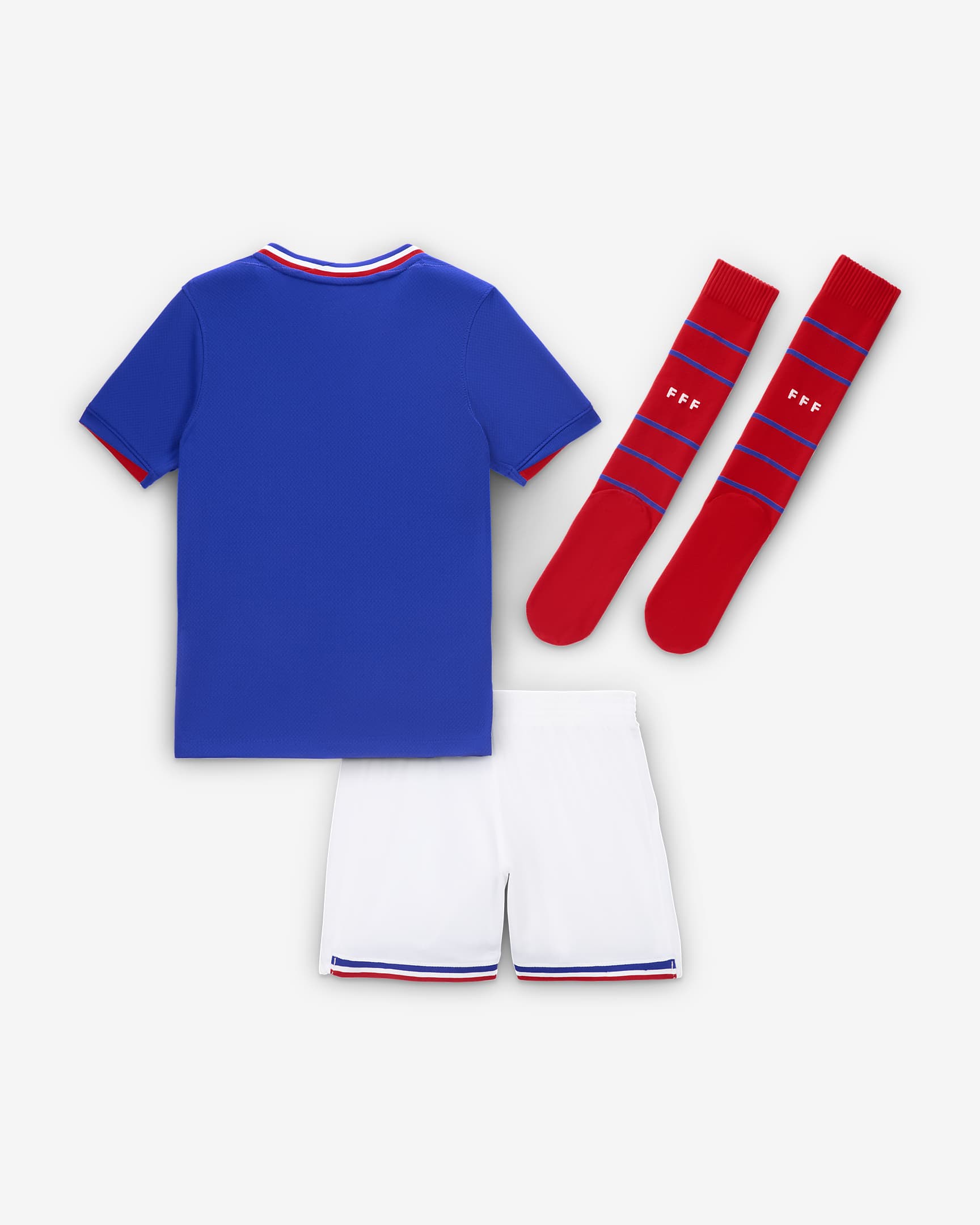 Conjunto de três peças de futebol de réplica Nike do equipamento principal Stadium FFF 2024/25 para criança - Azul Bright/Vermelho University/Branco/Branco