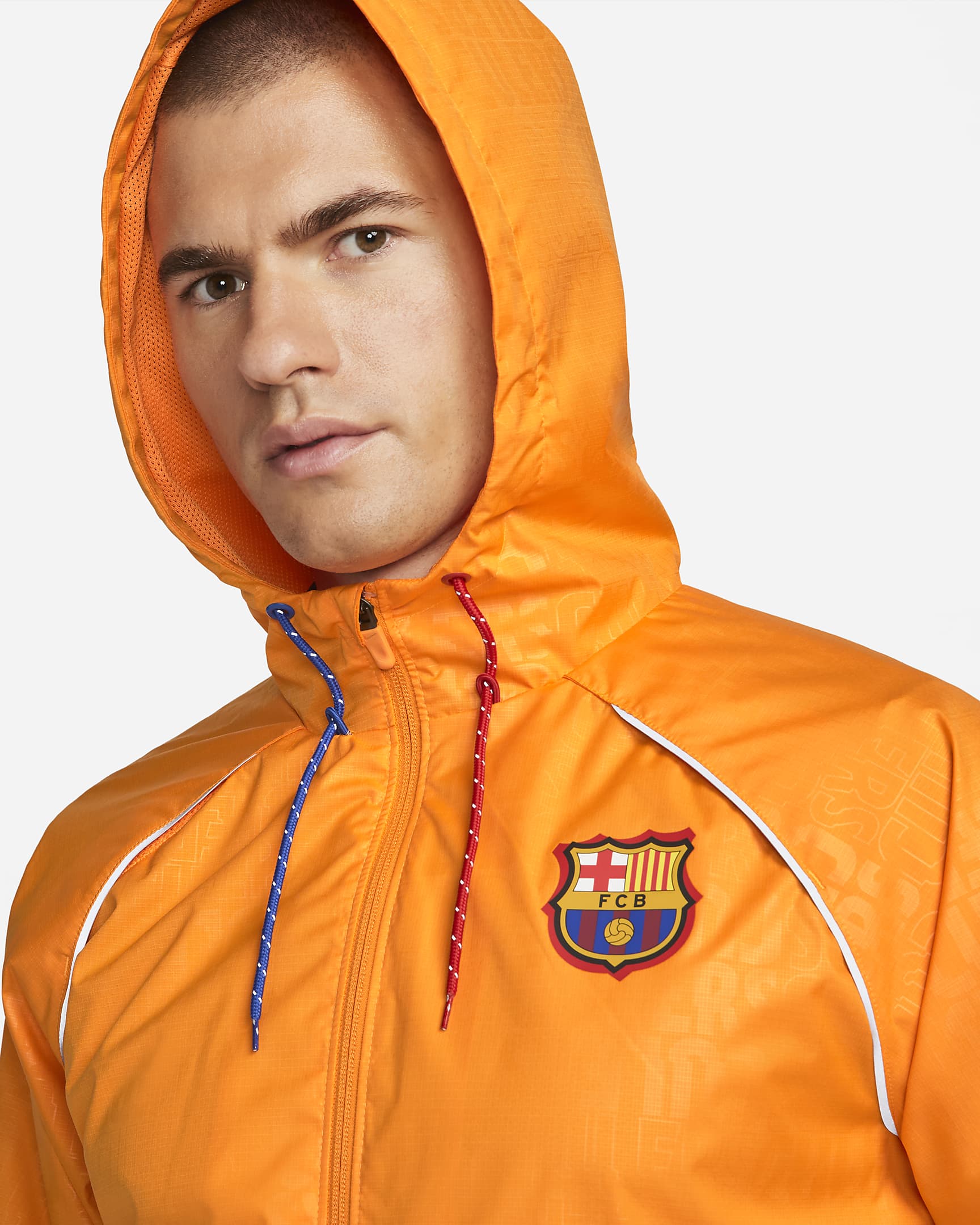 FC Barcelona AWF Men's Graphic Soccer Jacket - Vivid Orange/Game Royal/University Red/Black