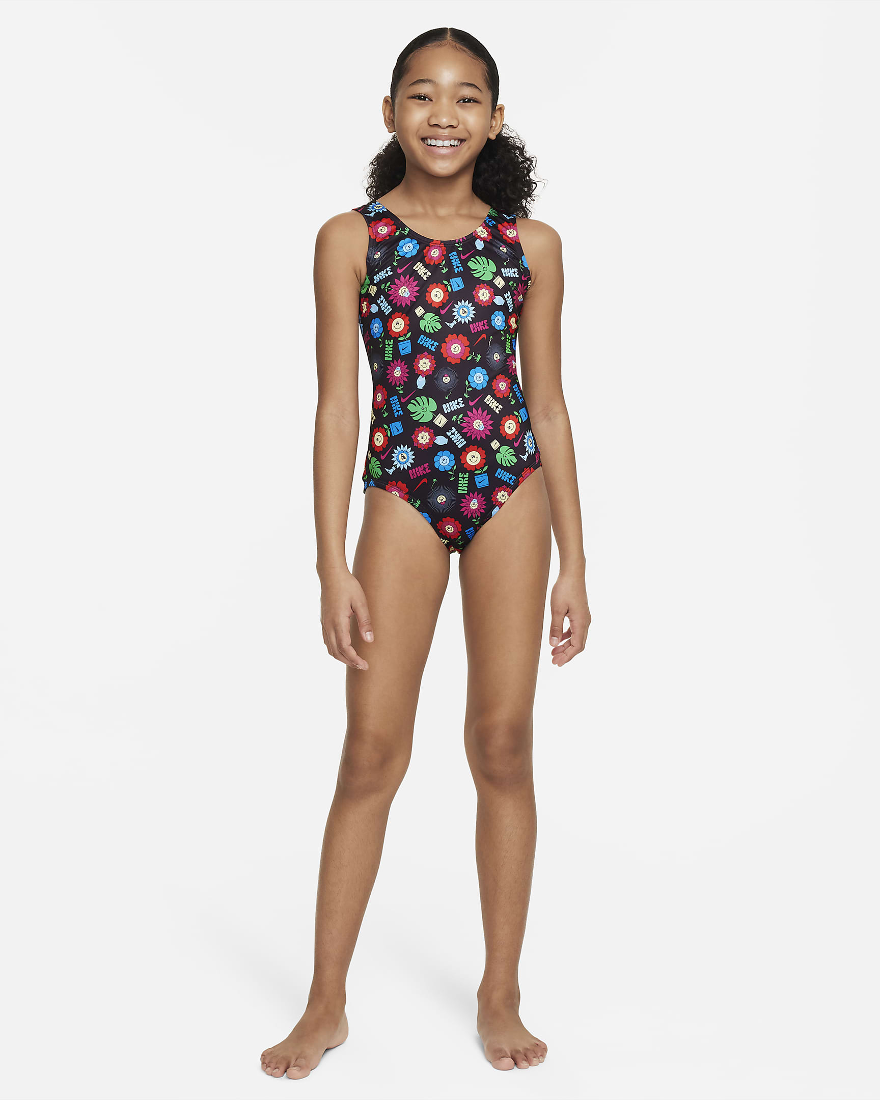 Traje de baño de una pieza con diseño de espalda en U para niña talla grande Nike Swim Garden Party - Negro