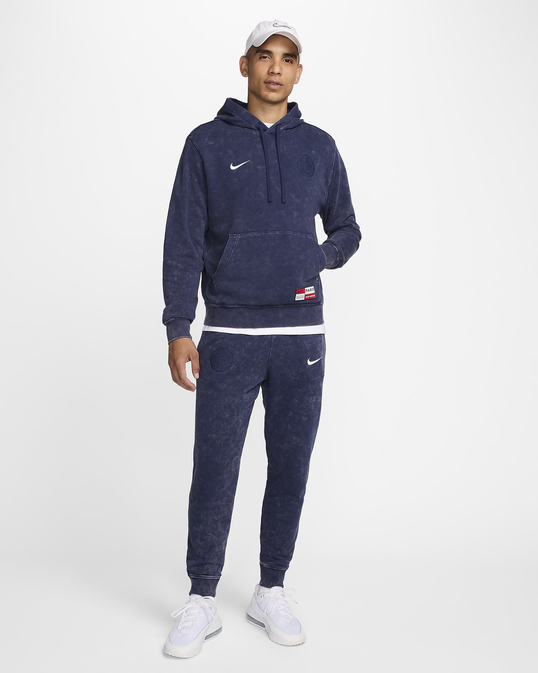 Fotbollshuvtröja i sweatshirttyg Nike Paris Saint-Germain Club för män - Midnight Navy/Vit