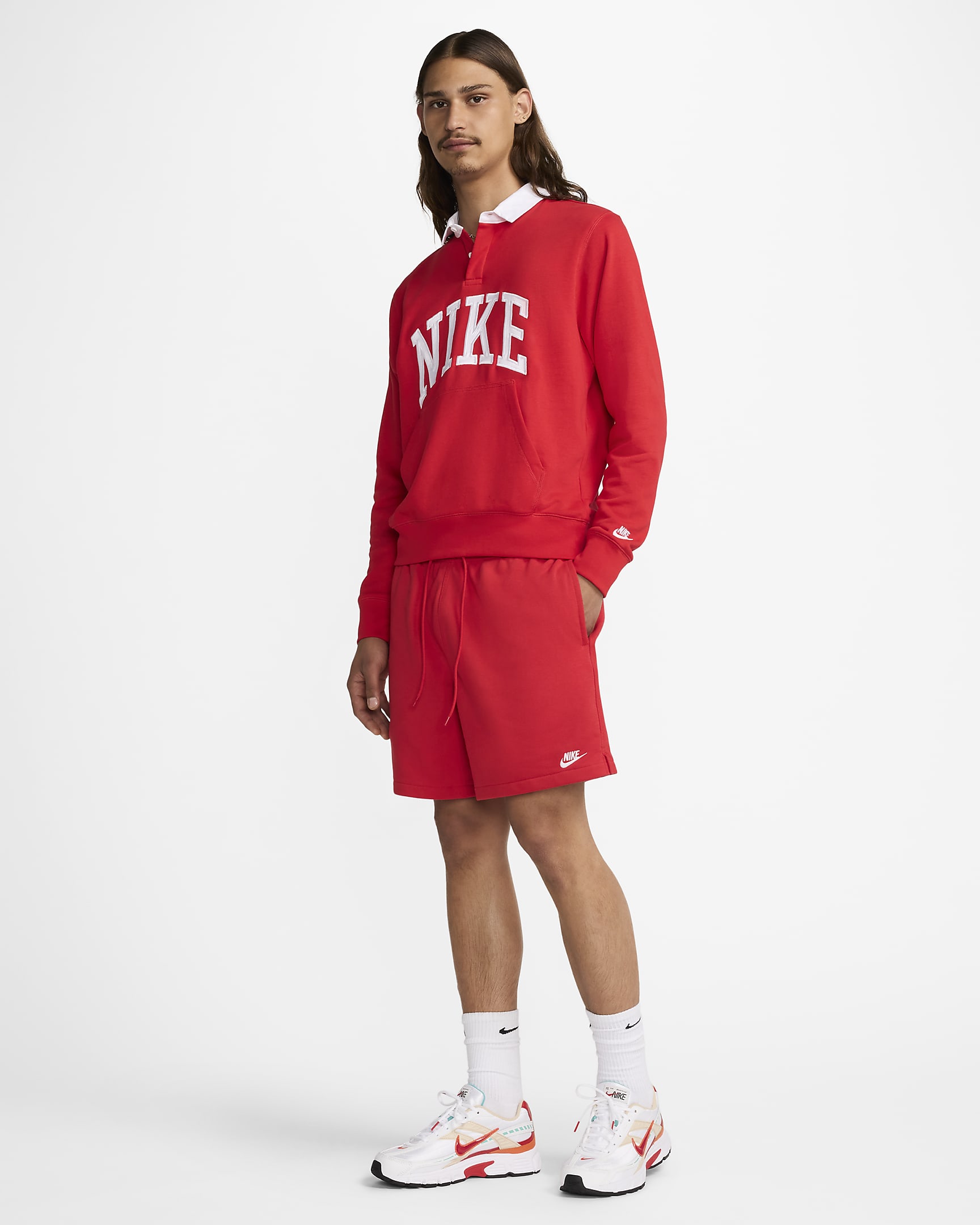 Męskie swobodne spodenki z dzianiny dresowej Nike Club - University Red/University Red/Biel