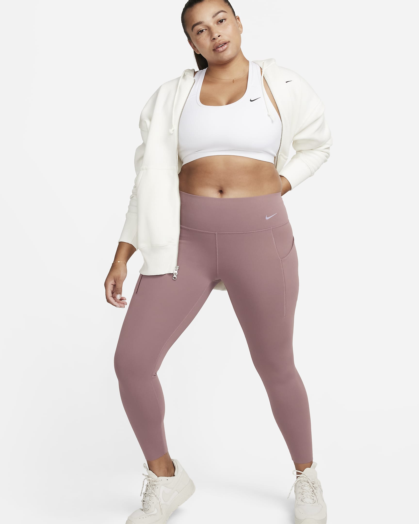 Nike Universa Women's Medium-Support Mid-Rise 7/8 Leggings with Pockets - Smokey Mauve/Black