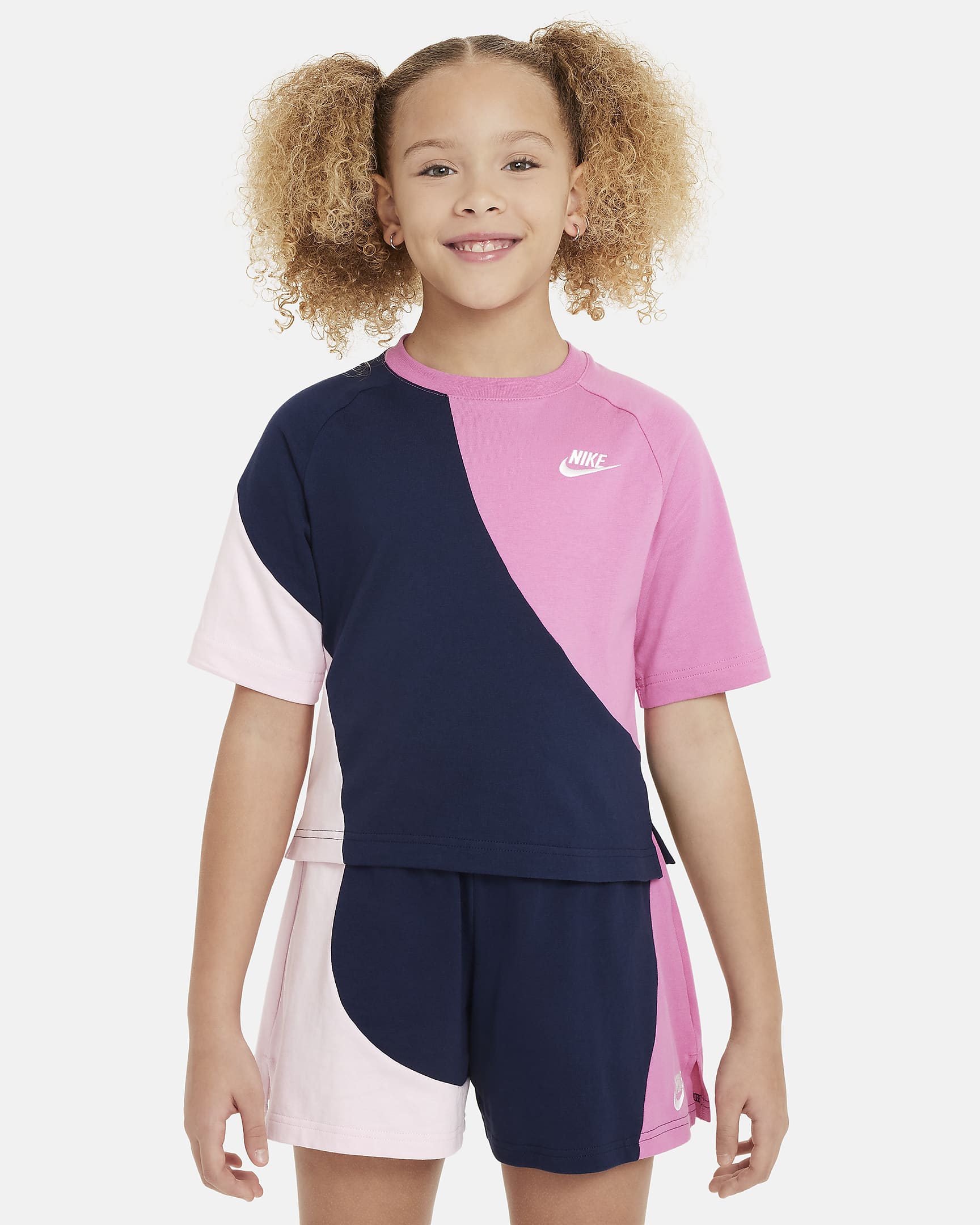 Nike Sportswear Older Kids' (Girls') Jersey Top - Midnight Navy/Playful Pink/Pink Foam/White