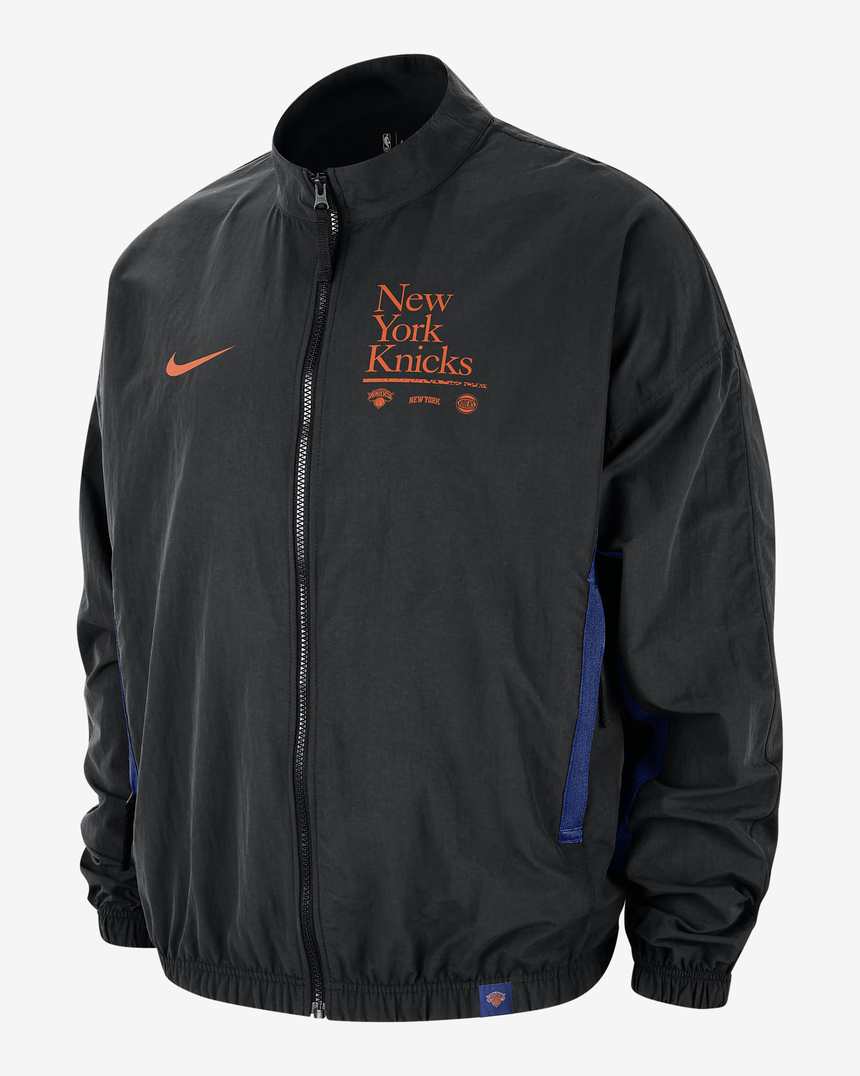 New York Knicks DNA Courtside Men's Nike NBA Woven Graphic Jacket - Black/Rush Blue/Brilliant Orange