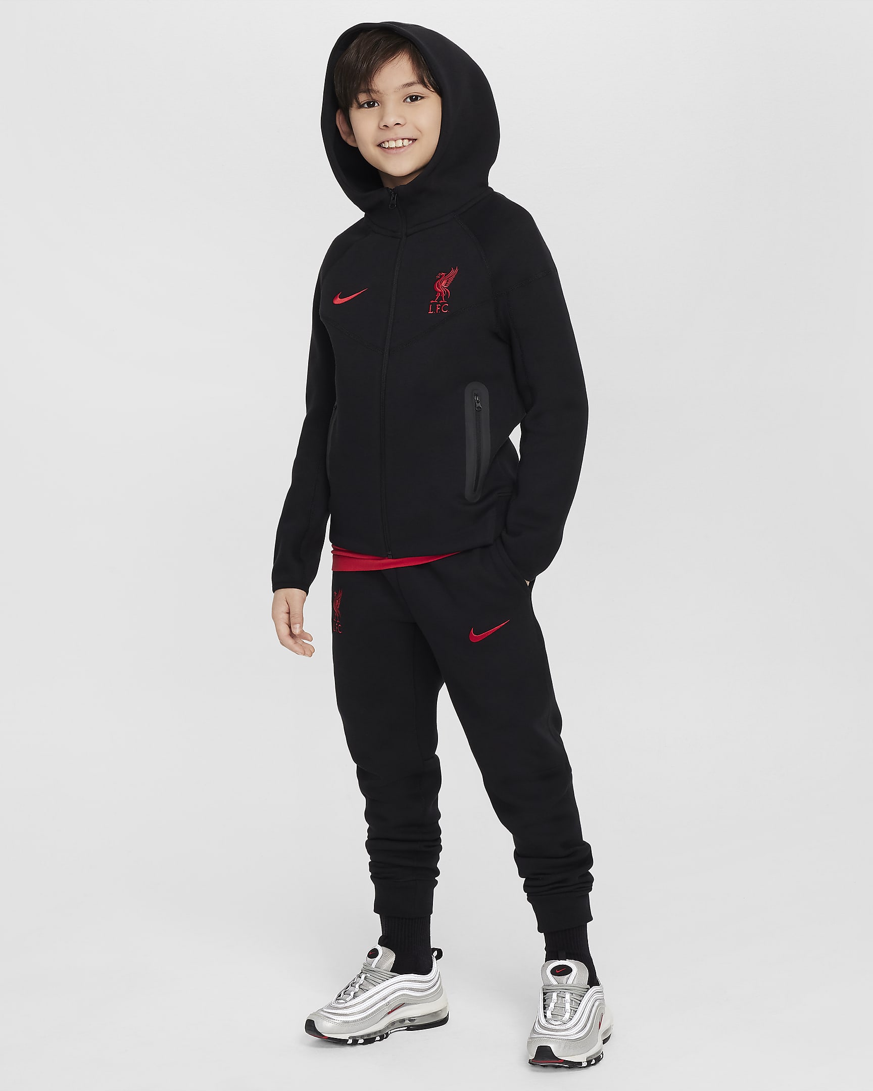 Sudadera con gorro de fútbol Nike de cierre completo para niños talla grande Liverpool FC Tech Fleece - Negro/Negro/Negro/Rojo gimnasio