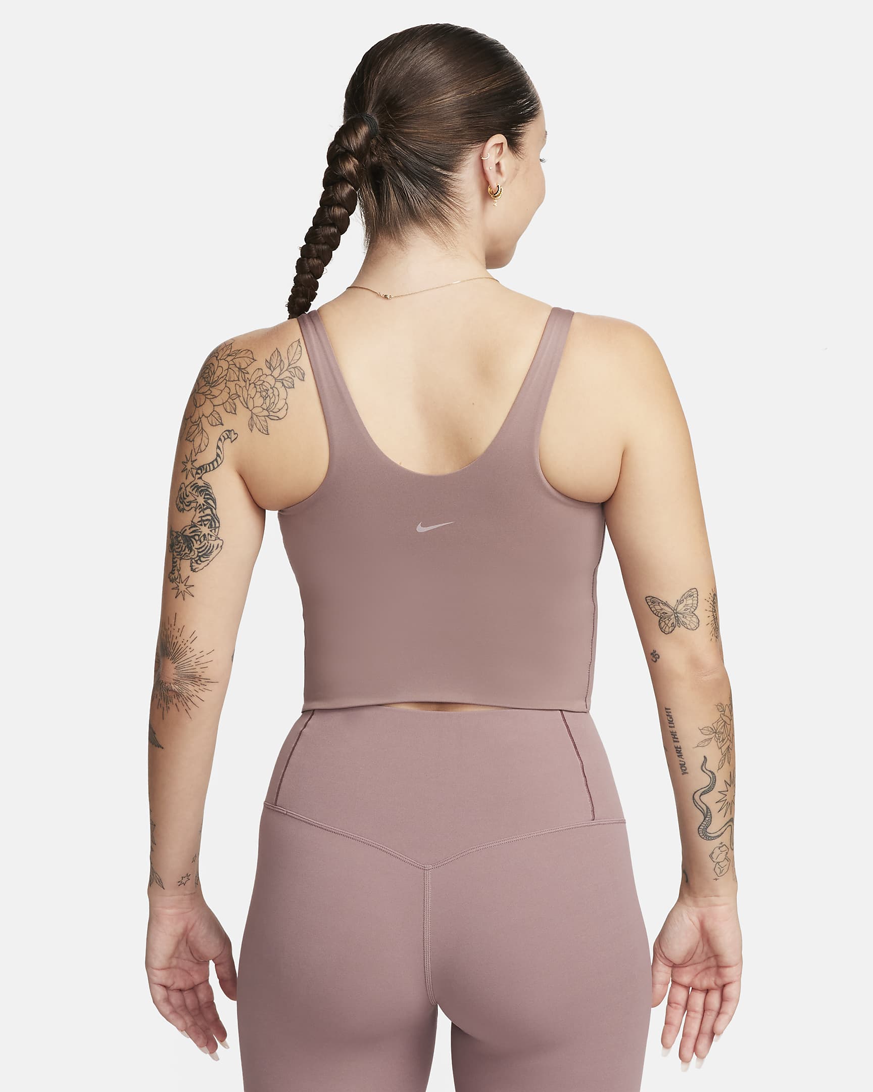 Camiseta de tirantes con bra deportivo de sujeción media con almohadillas para mujer Nike Alate - Malva humeante/Blanco