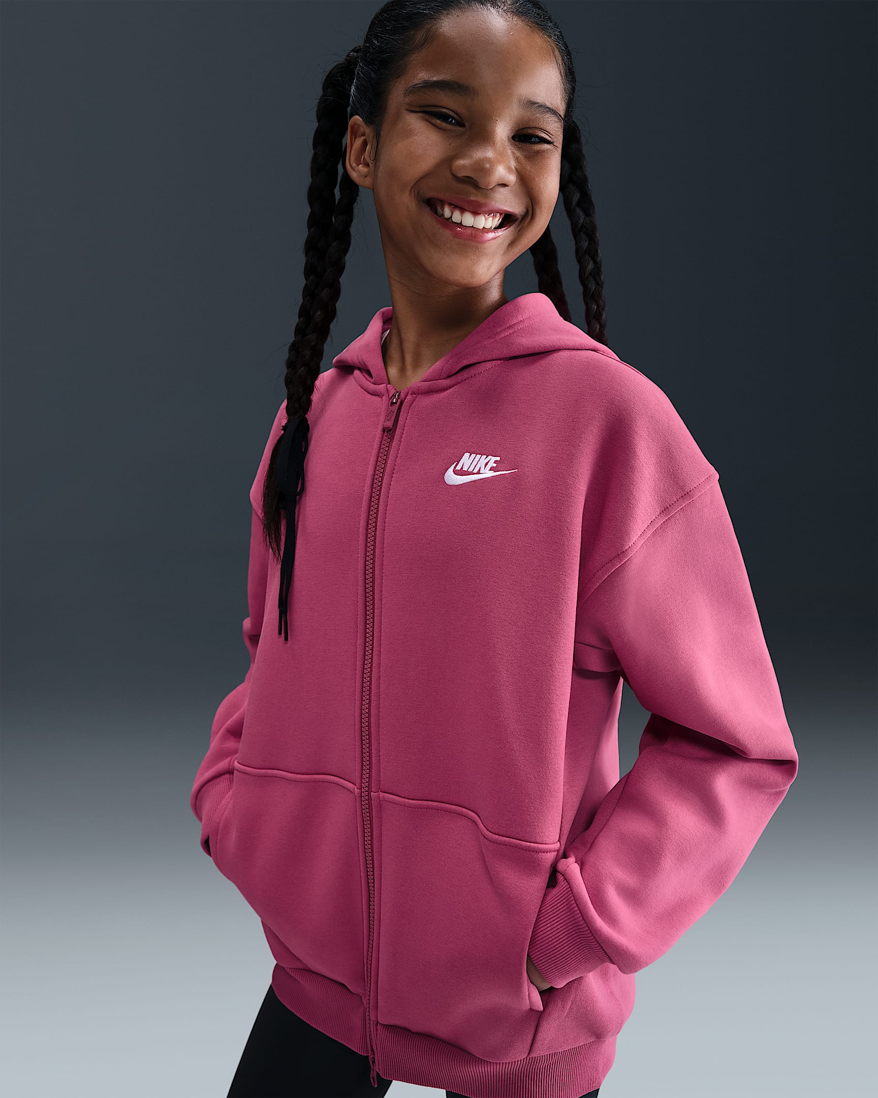 Nike Sportswear Club Fleece Big Kids' Oversized Full-Zip Hoodie - Sweet Beet/White