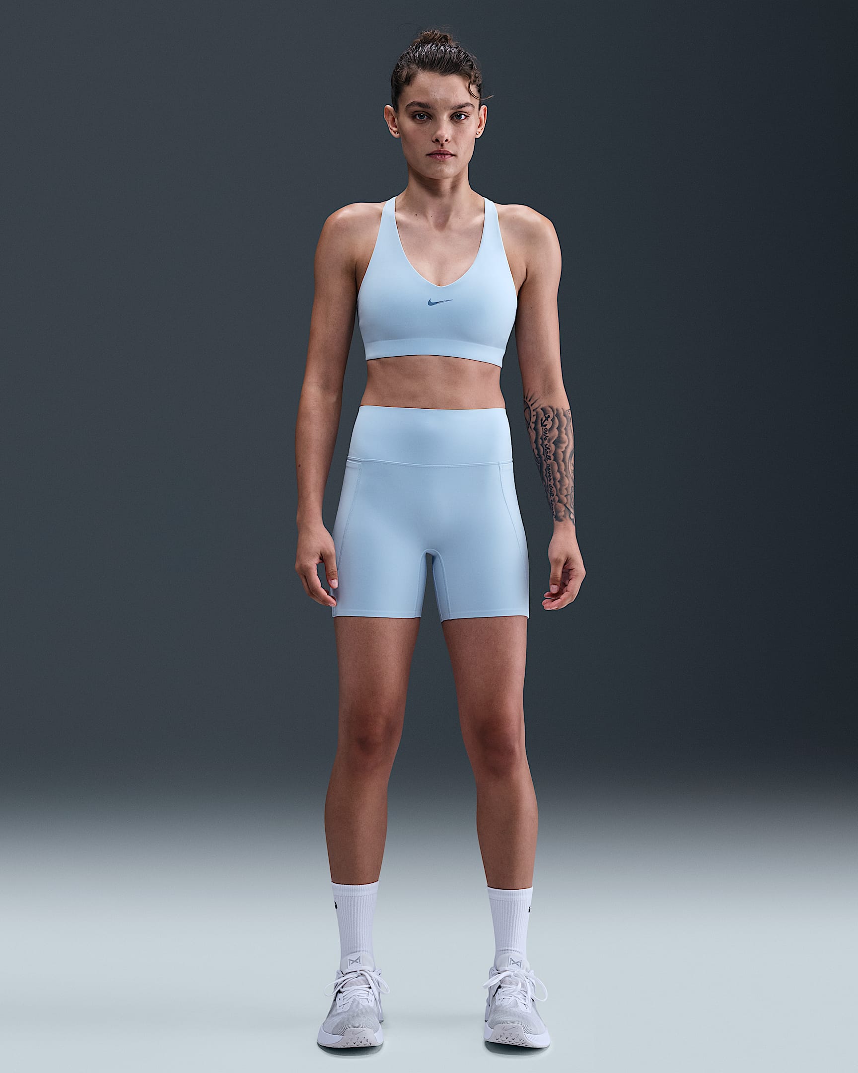 Nike Universa Bike Shorts mit hohem Bund und ohne Frontnaht (Damen, ca. 12,5 cm) - Celestine Blue/Chambray/Work Blue