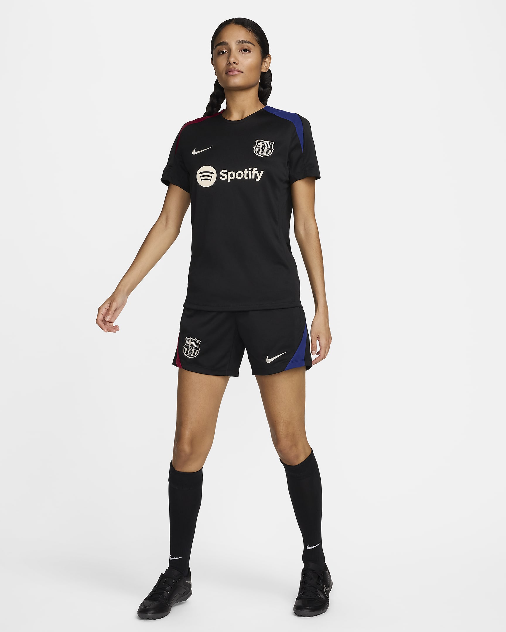 Camisola de futebol de malha de manga curta Nike Dri-FIT Strike FC Barcelona para mulher - Preto/Vermelho Noble/Azul Royal intenso/Castanho Orewood claro