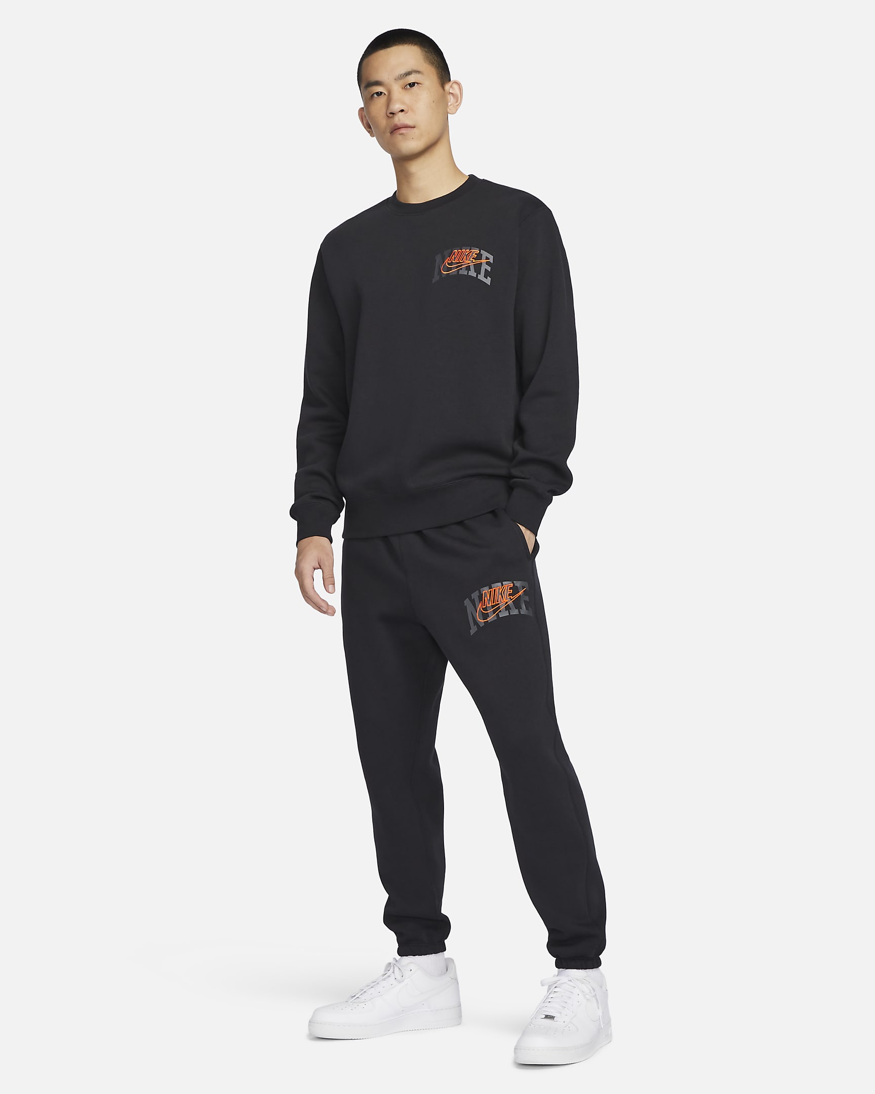 Nike Club Fleece Men's Cuffed Pants - Black/Safety Orange