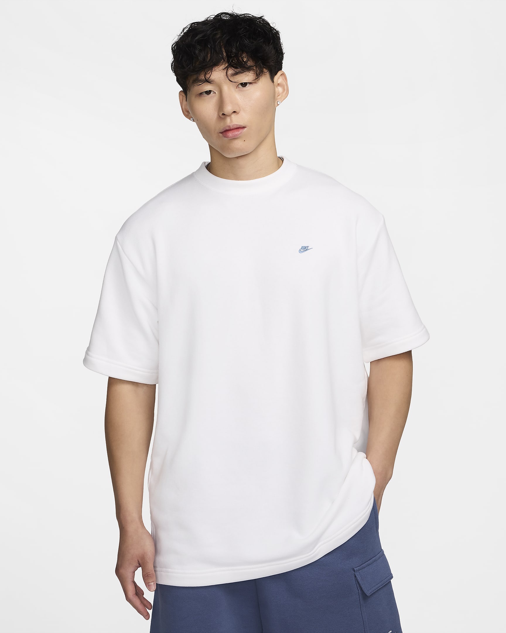 Nike Sportswear Men's French Terry Short-Sleeve Top - White/Aegean Storm