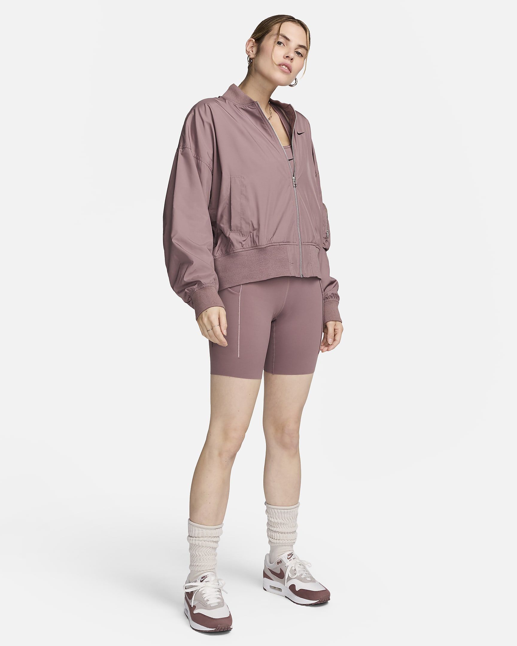 Chamarra bomber oversized para mujer Nike Sportswear Essential - Malva humeante/Negro