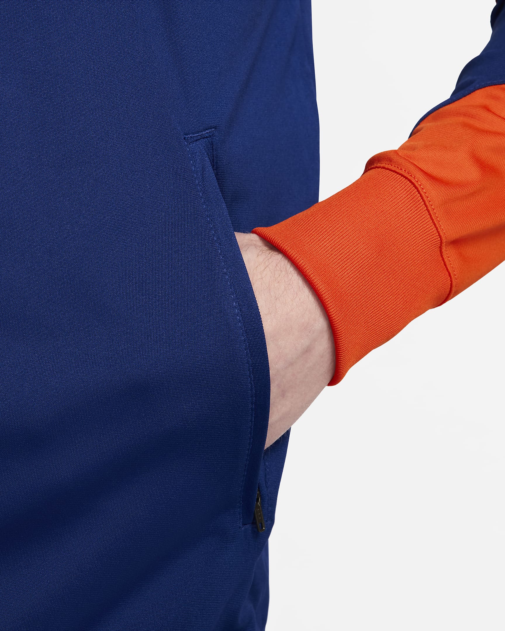 Netherlands Strike Nike Dri-FIT kapucnis, kötött férfi futballtréningruha - Deep Royal Blue/Safety Orange/Safety Orange