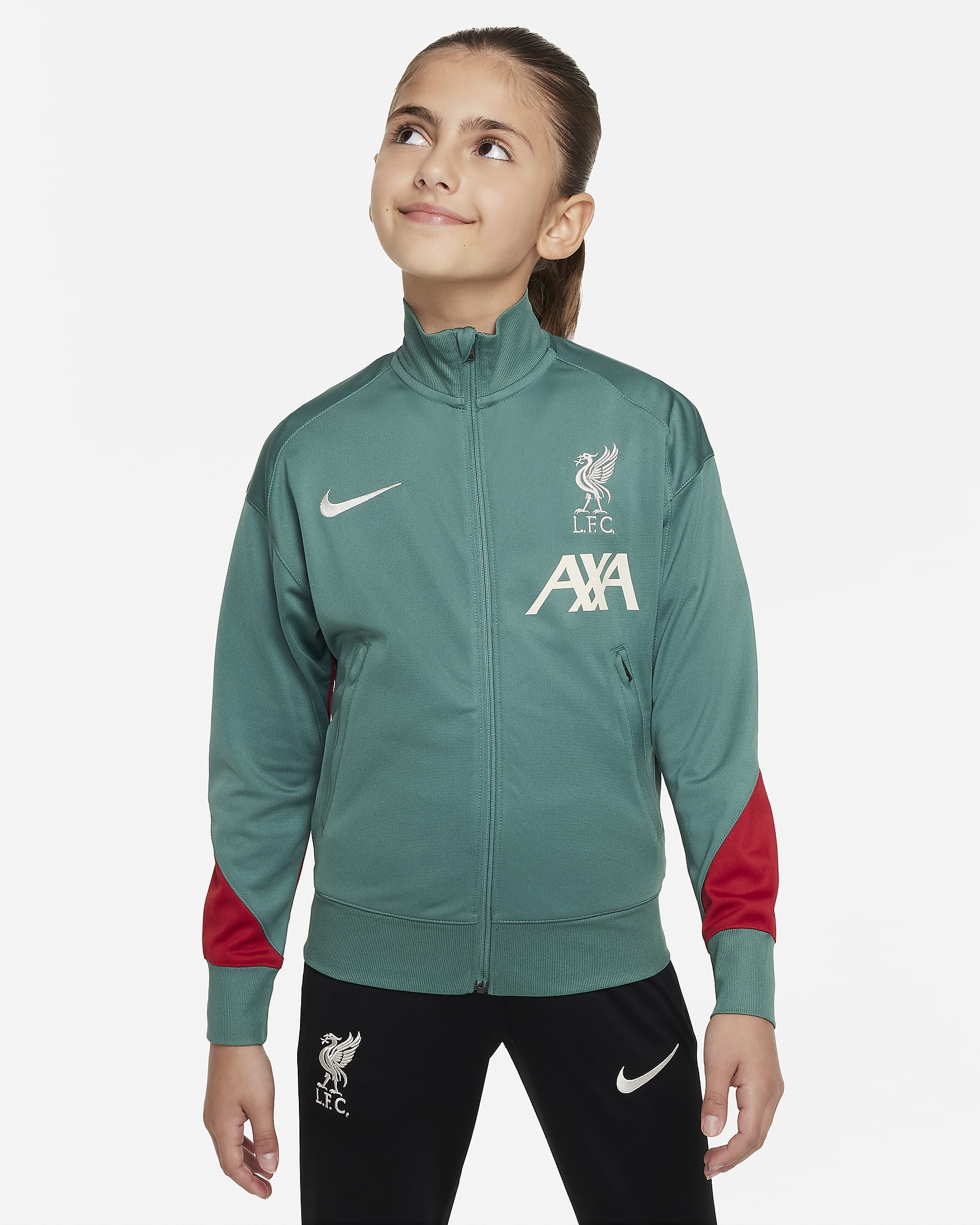 Dzianinowy dres piłkarski dla dużych dzieci Nike Dri-FIT Liverpool F.C. Strike - Bicoastal/Gym Red/Czerń/Light Orewood Brown