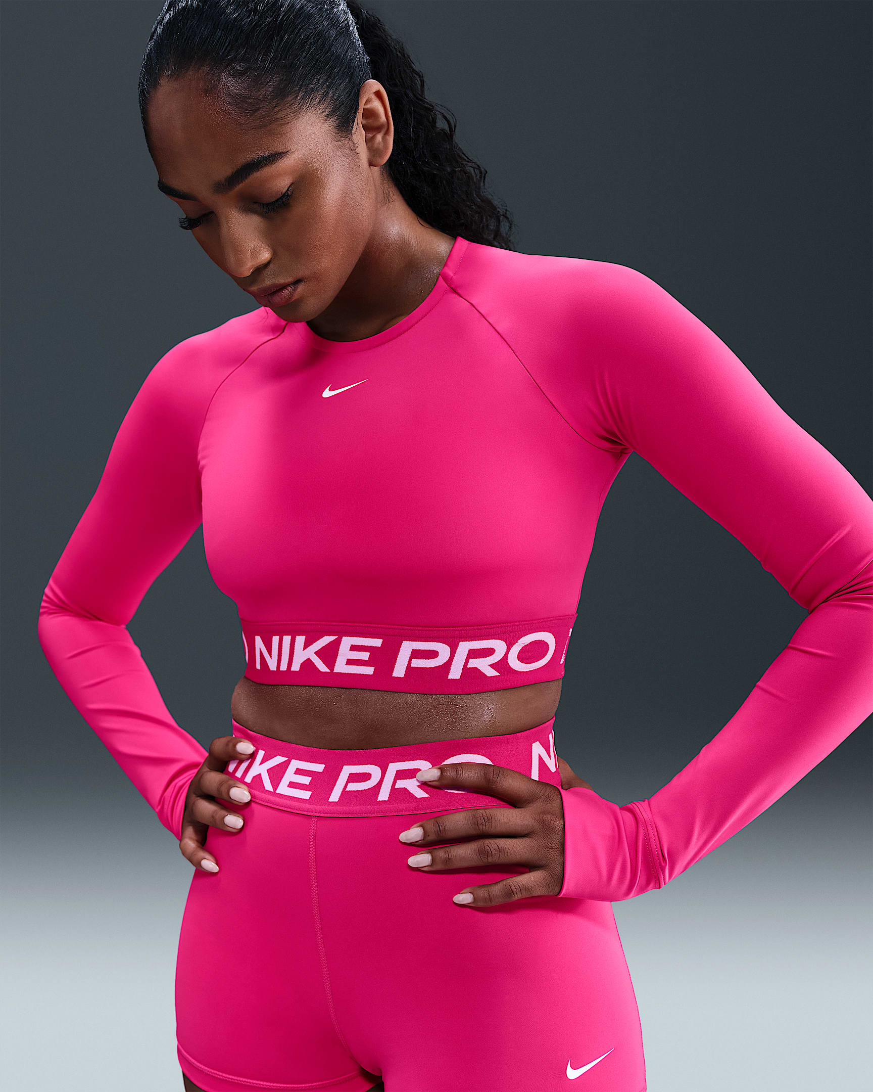 Nike Pro Women's Dri-FIT Cropped Long-Sleeve Top - Rush Pink/White