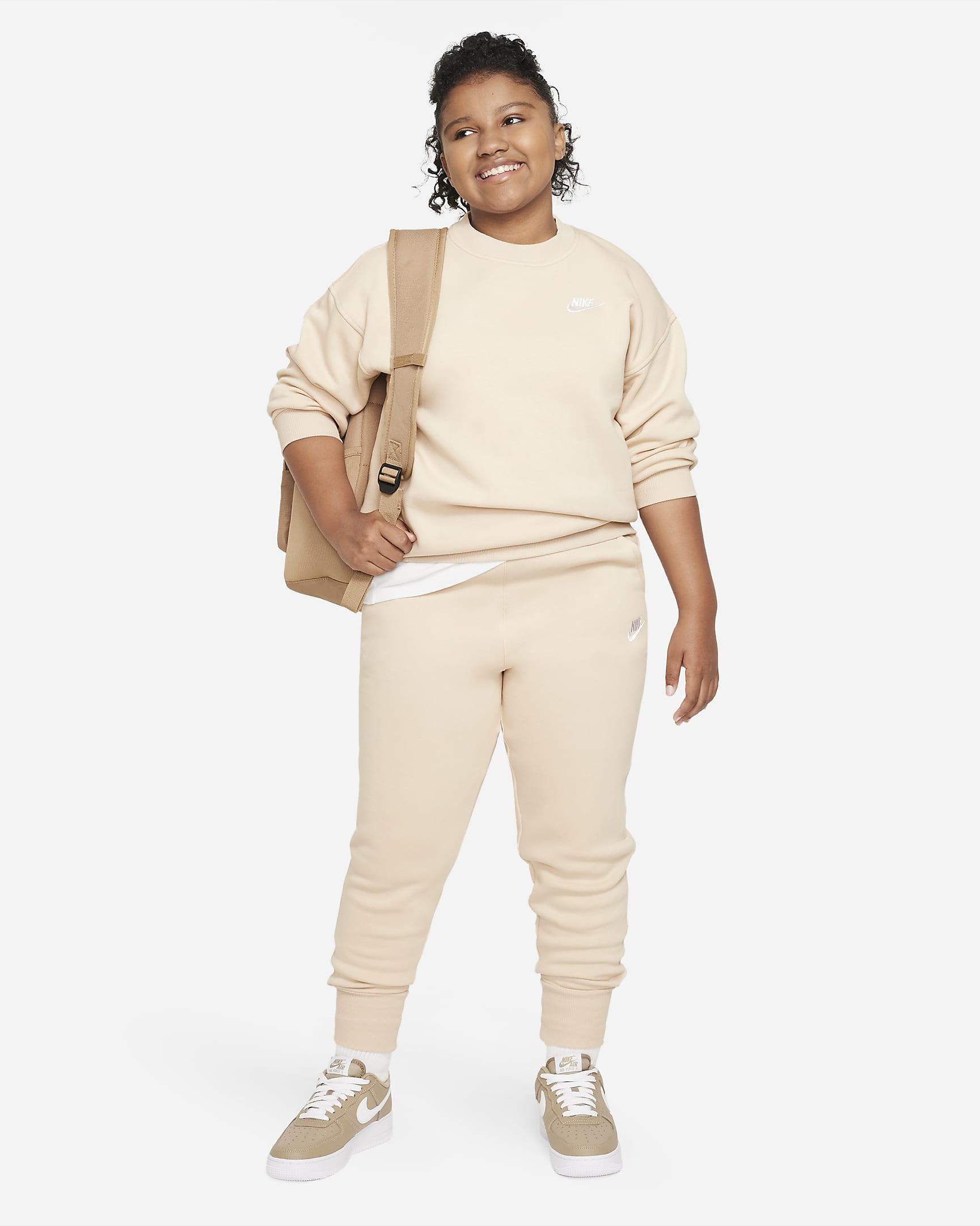 Nike Sportswear Club Fleece Big Kids' (Girls') Oversized Sweatshirt (Extended Size) - Sanddrift/White