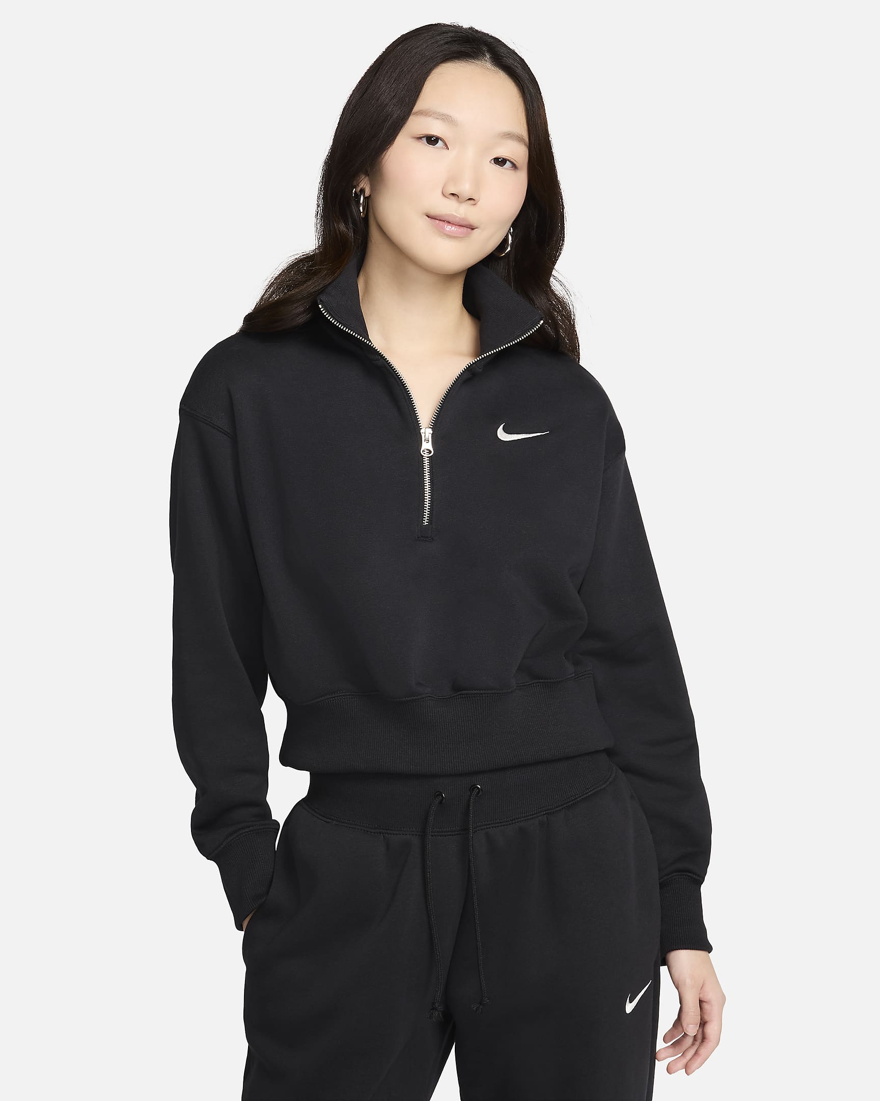 เสื้อวอร์มผ้าเฟรนช์เทรีเอวลอยซิปสั้นผู้หญิง Nike Sportswear Phoenix Fleece - ดำ/Sail