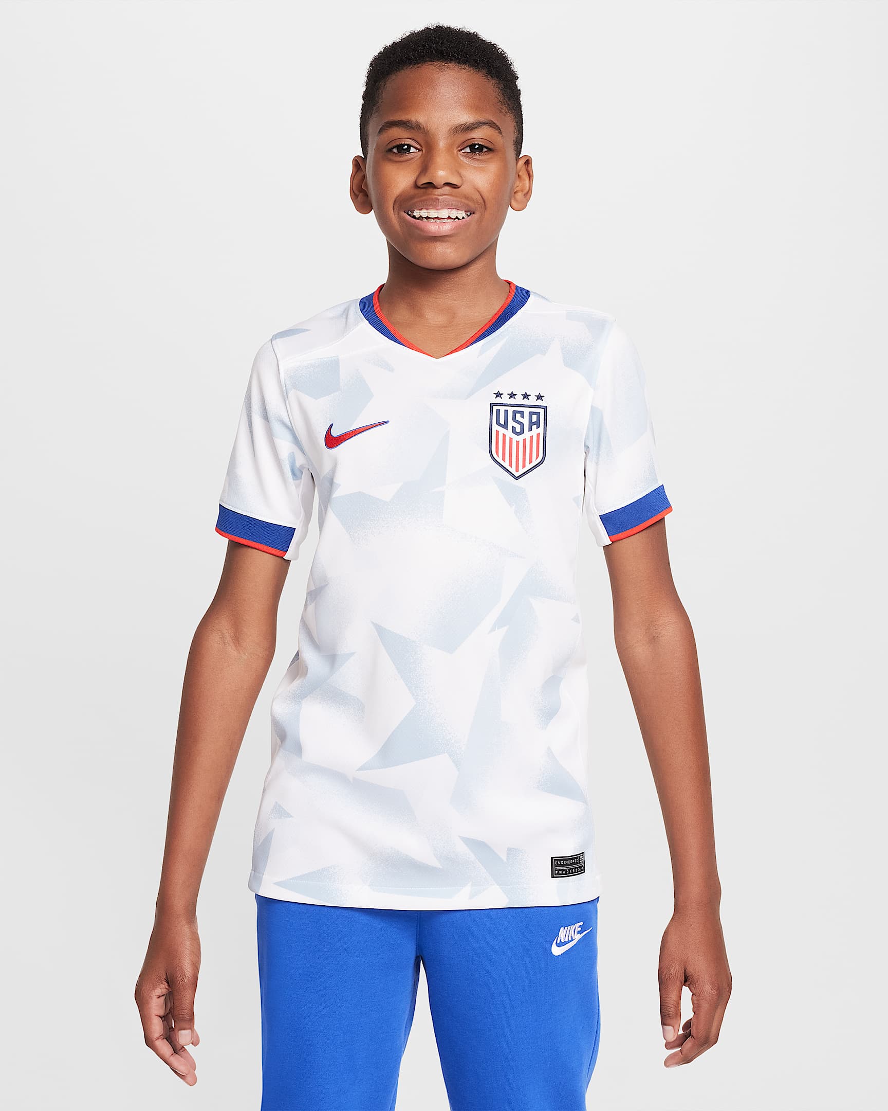 USWNT 2025 Stadium Home (Women's Team) Big Kids' Nike Dri-FIT Soccer Replica Jersey - White/Rush Blue/Challenge Red/Challenge Red