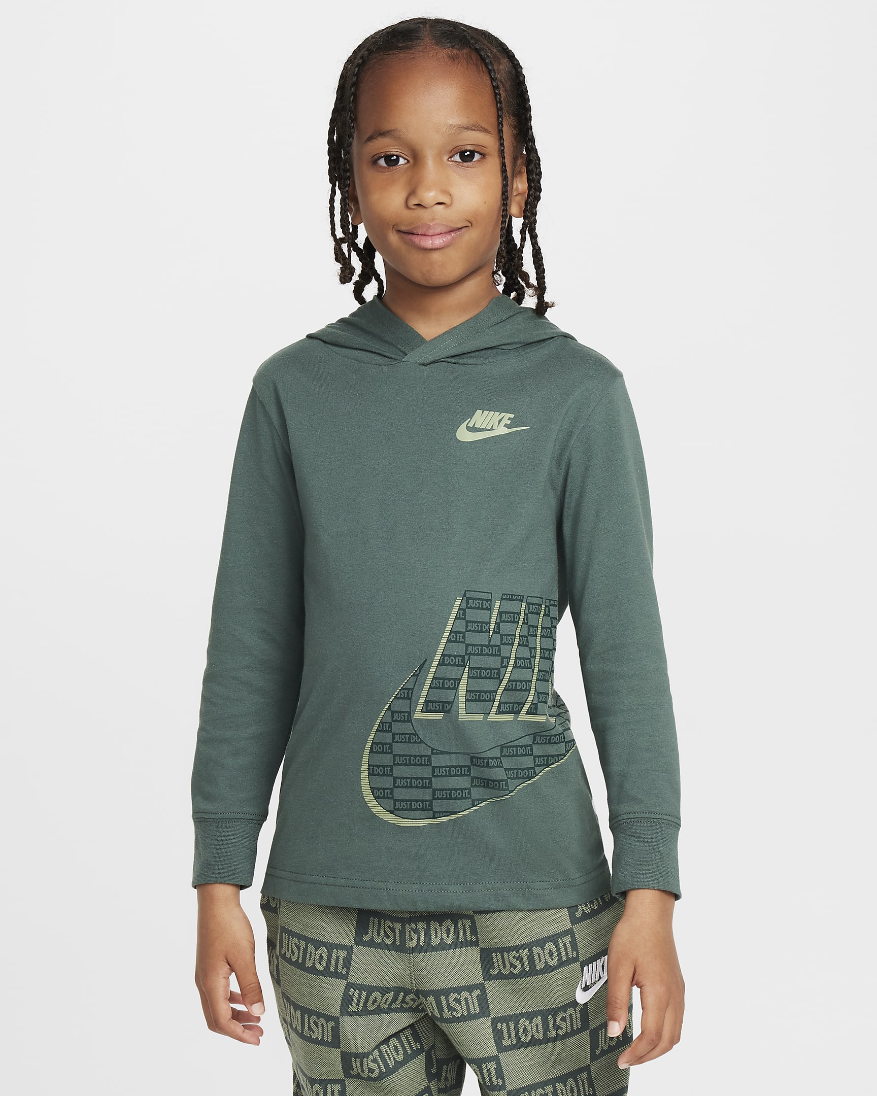 Playera de manga larga Futura Wrap para preescolar Nike "Just Do It" - Verde vintage