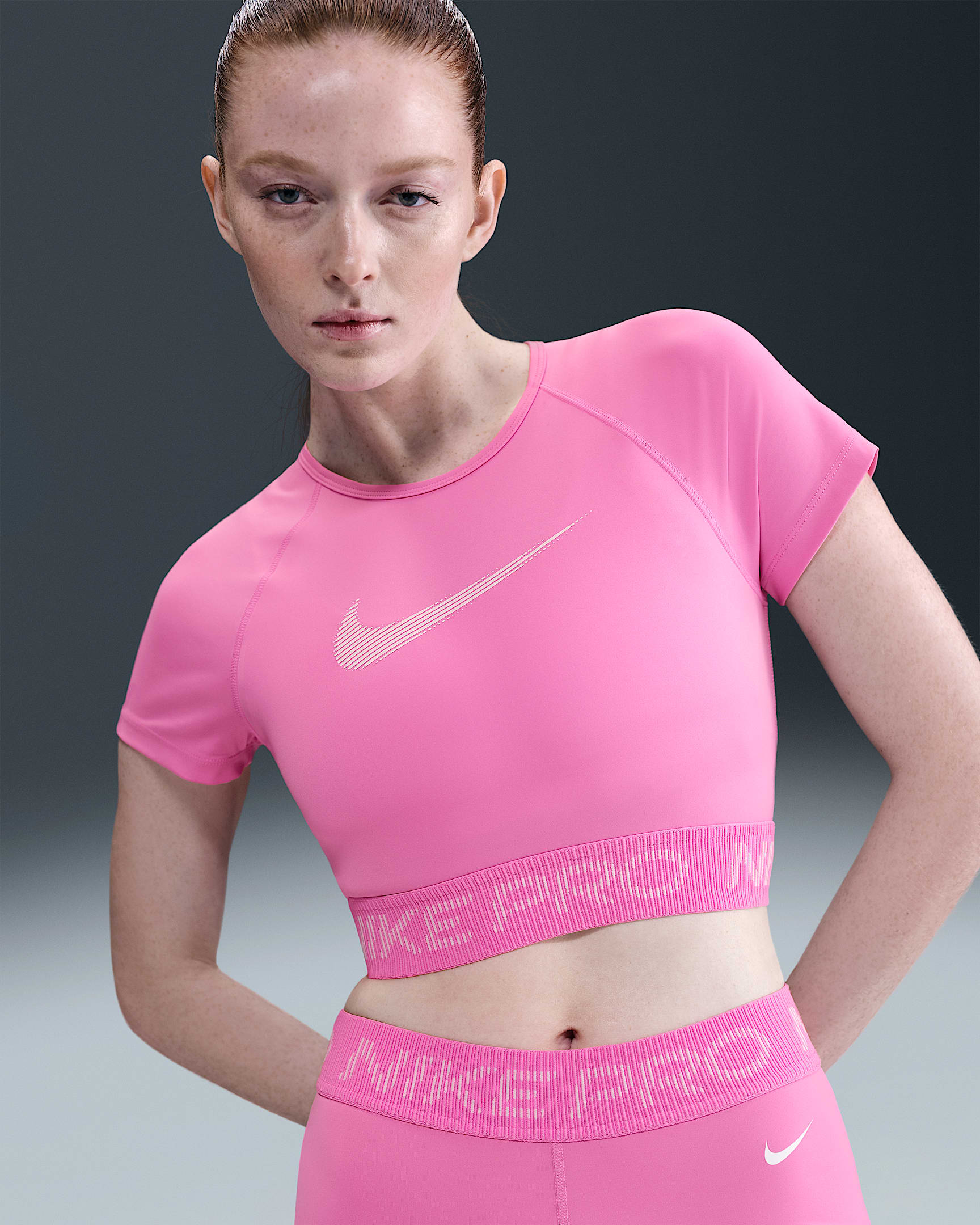 Nike Pro Women's Dri-FIT Short-Sleeve Cropped Graphic Top - Playful Pink/Pink Foam/White