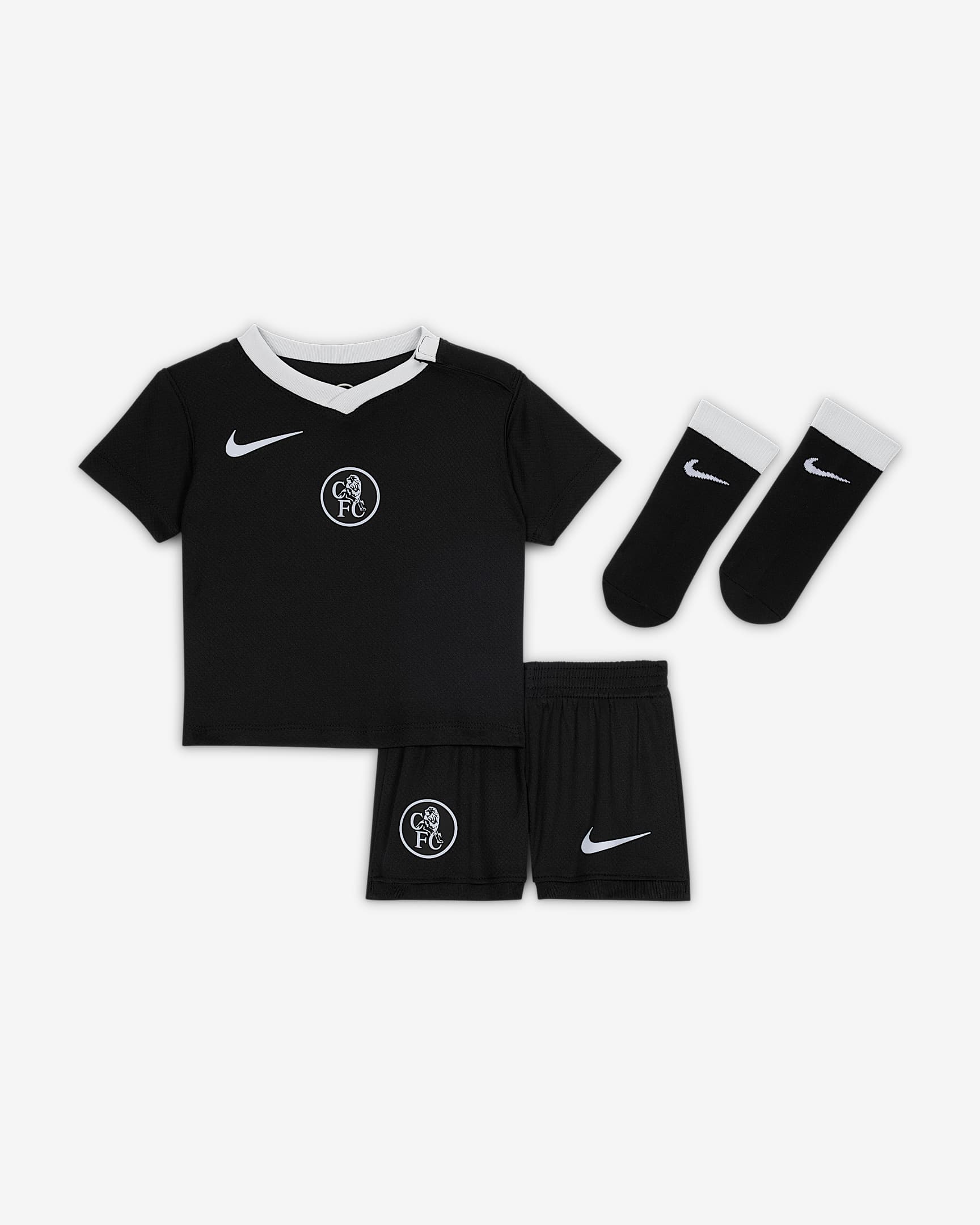 FC Chelsea 2025/26 Stadium Third dreiteiliges Nike Total 90 Replika-Fußballtrikot-Set (Babys/Kleinkinder) - Schwarz/Field Silver/Game Royal/Field Silver