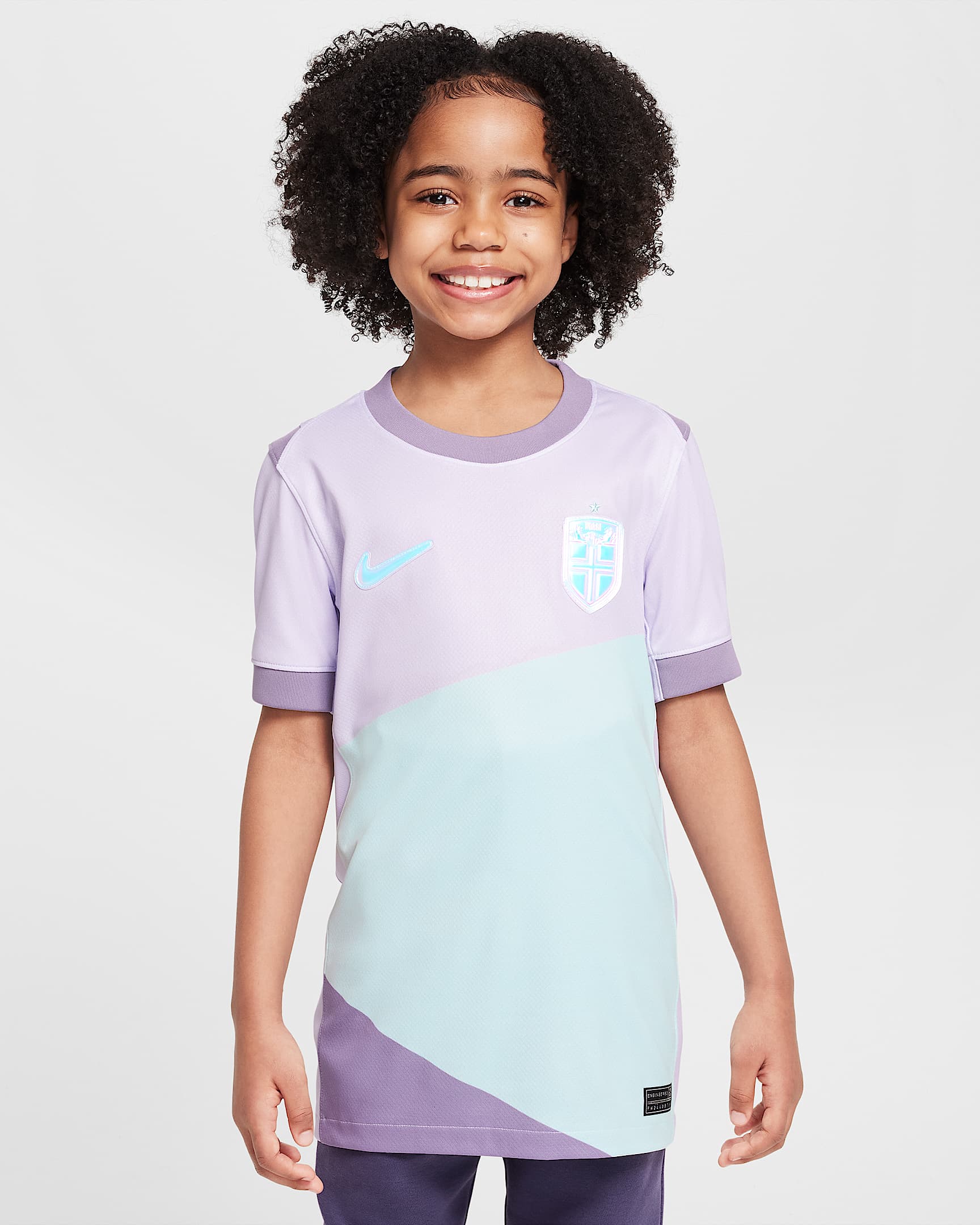 Norway 2025 Stadium Away (kvindehold) Nike Dri-FIT Replica-fodboldspillertrøje til større børn - Amethyst Tint/Violet Haze/hvid