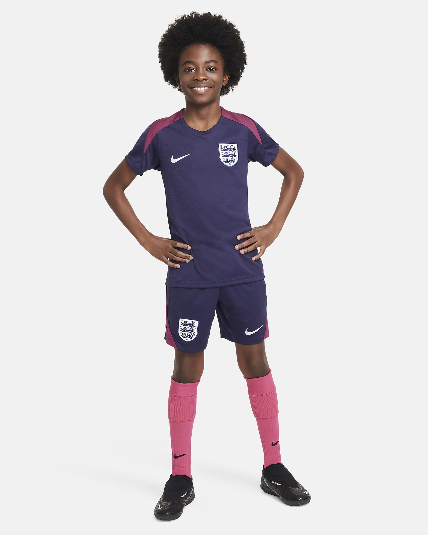 England Strike Nike Dri-FIT strikket fotballshorts til store barn - Purple Ink/Rosewood/Hvit