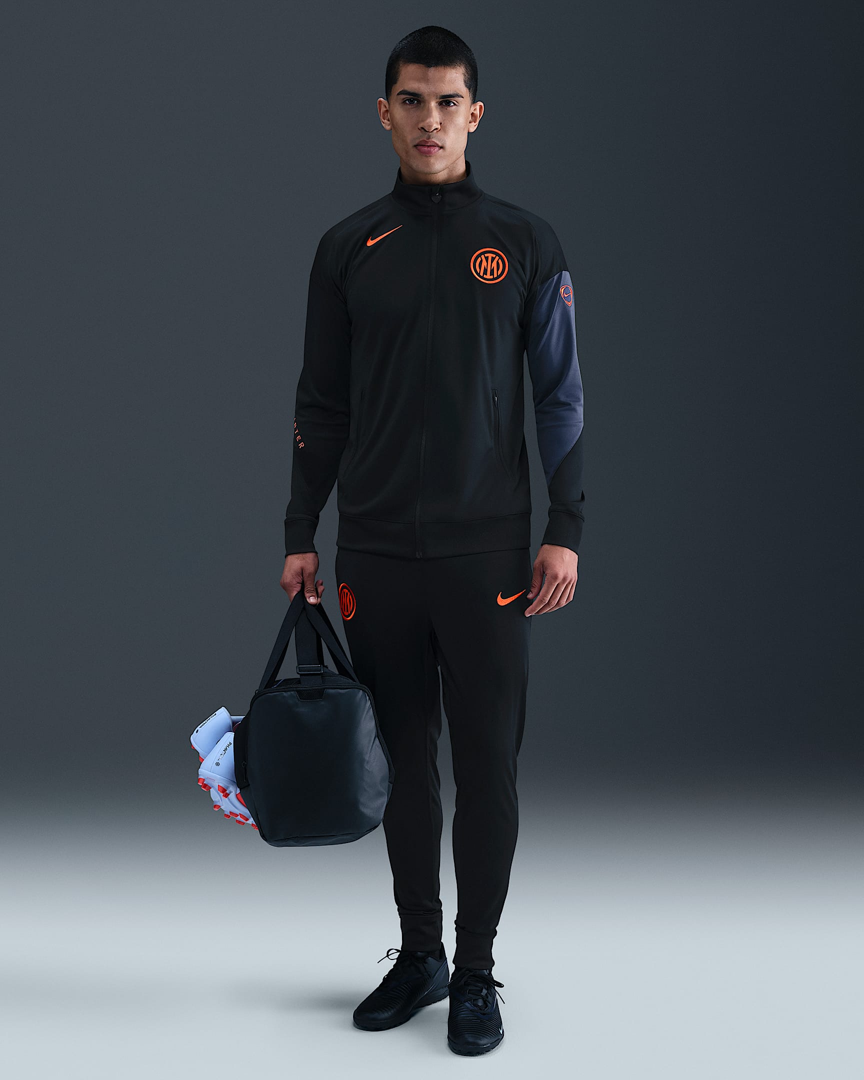 Inter Milan Strike Third Men's Nike Dri-FIT Total 90 Football Knit Tracksuit - Black/Black/Thunder Blue/Safety Orange