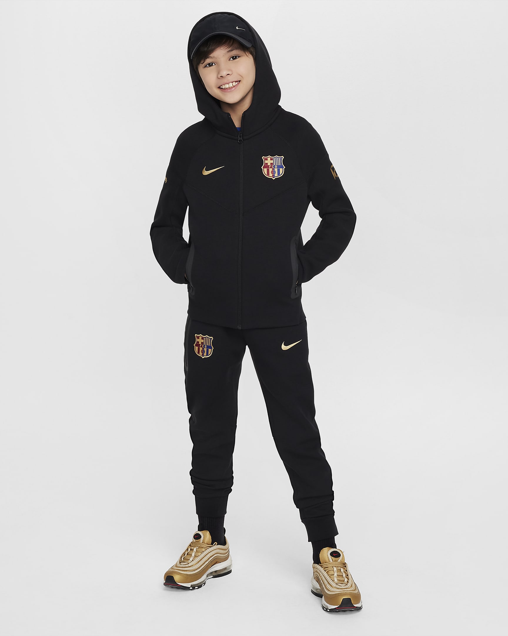 FC Barcelona Tech Fleece Big Kids' (Boys') Nike Soccer Full-Zip Hoodie - Black/Club Gold