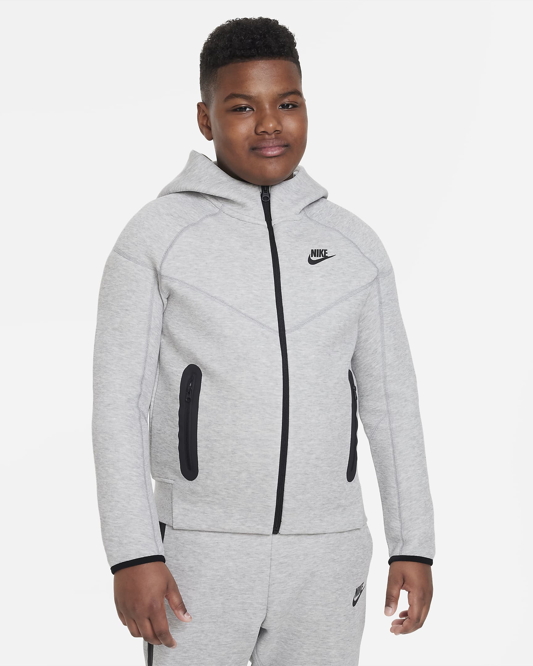 Nike Sportswear Tech Fleece Tam Boy Fermuarlı Genç Çocuk (Erkek) Kapüşonlu Üstü (Geniş Beden) - Dark Grey Heather/Siyah/Siyah