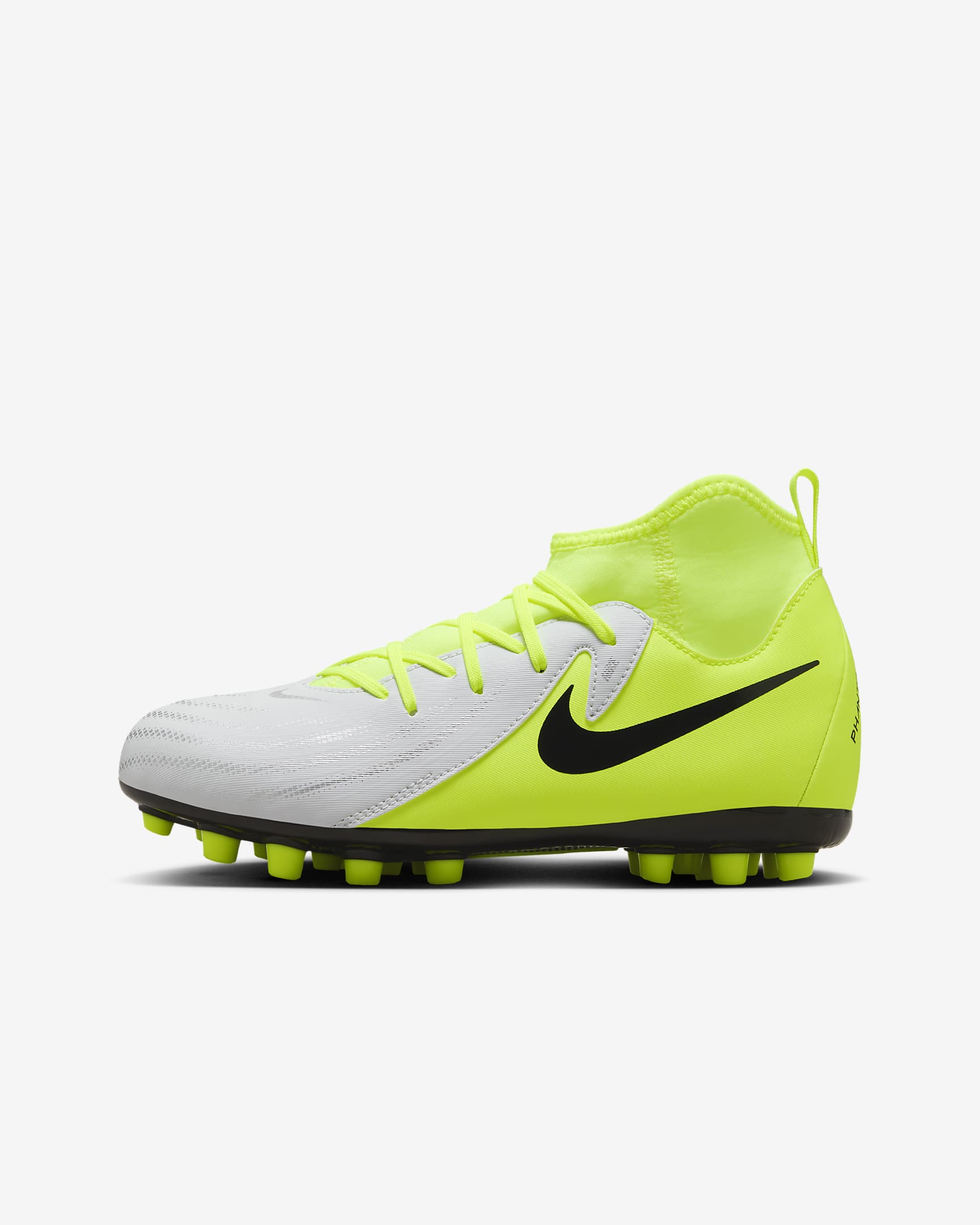 Nike Jr. Phantom Luna 2 Academy Younger/Older Kids' AG High-Top Football Boot - Metallic Silver/Volt/Black