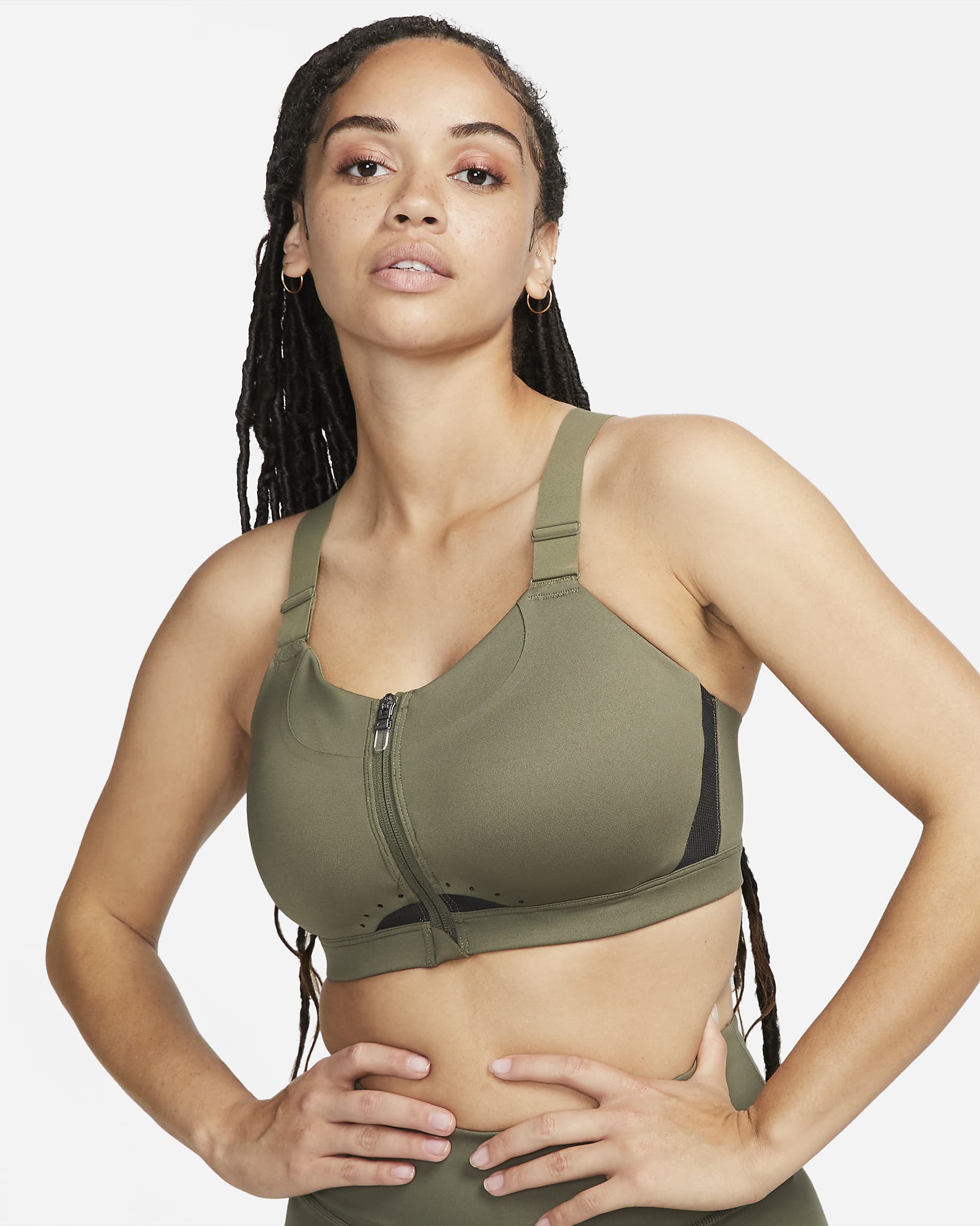 Bra deportivo con cierre al frente con almohadilla de alta sujeción para mujer Nike Alpha - Oliva medio/Negro/Arbóreo/Negro