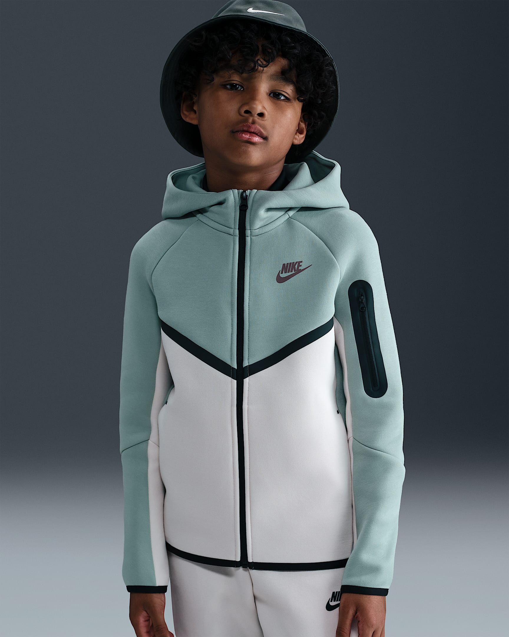 Nike Sportswear Tech Fleece Big Kids' Full-Zip Hoodie - Dusty Sage/Light Orewood Brown/Black/Plum Eclipse
