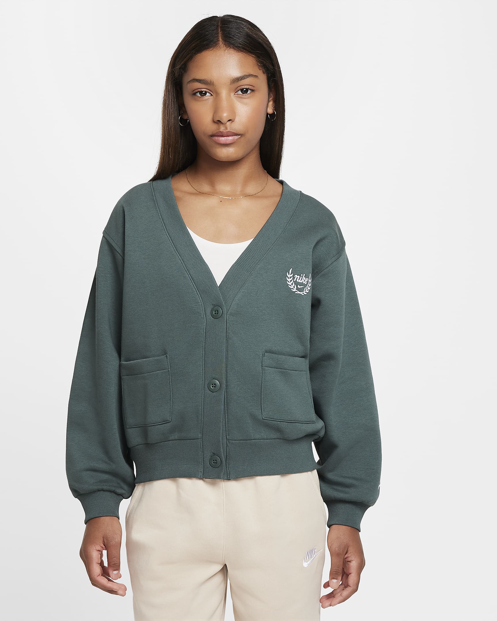 Nike Sportswear Club Fleece Girls' Cardigan - Vintage Green/White