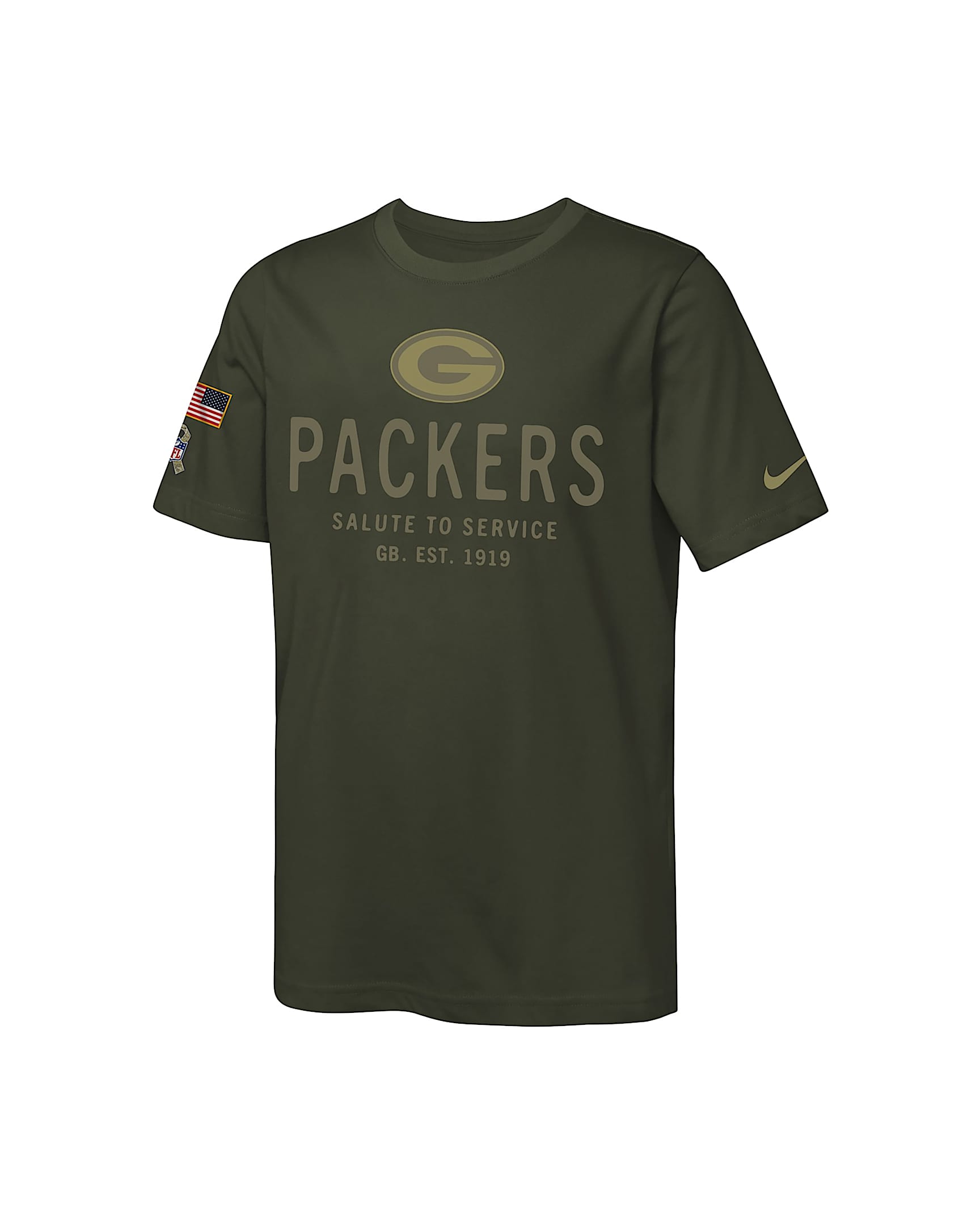Green Bay Packers Salute to Service Sideline Big Kids’ Nike Dri-FIT NFL T-Shirt - Olive