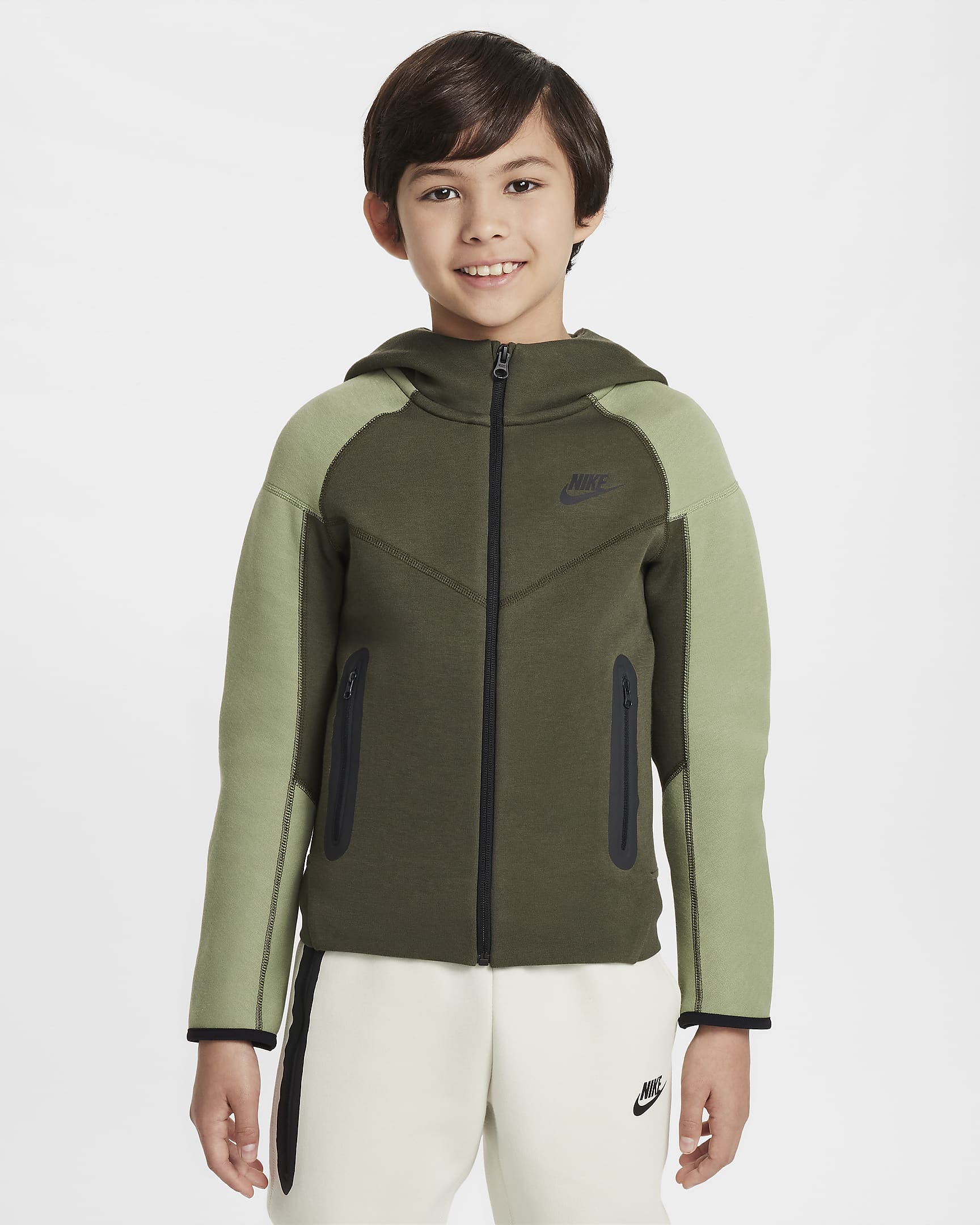 Nike Sportswear Tech Fleece-hættetrøje med lynlås til større børn (drenge) - Cargo Khaki/Oil Green/sort/sort