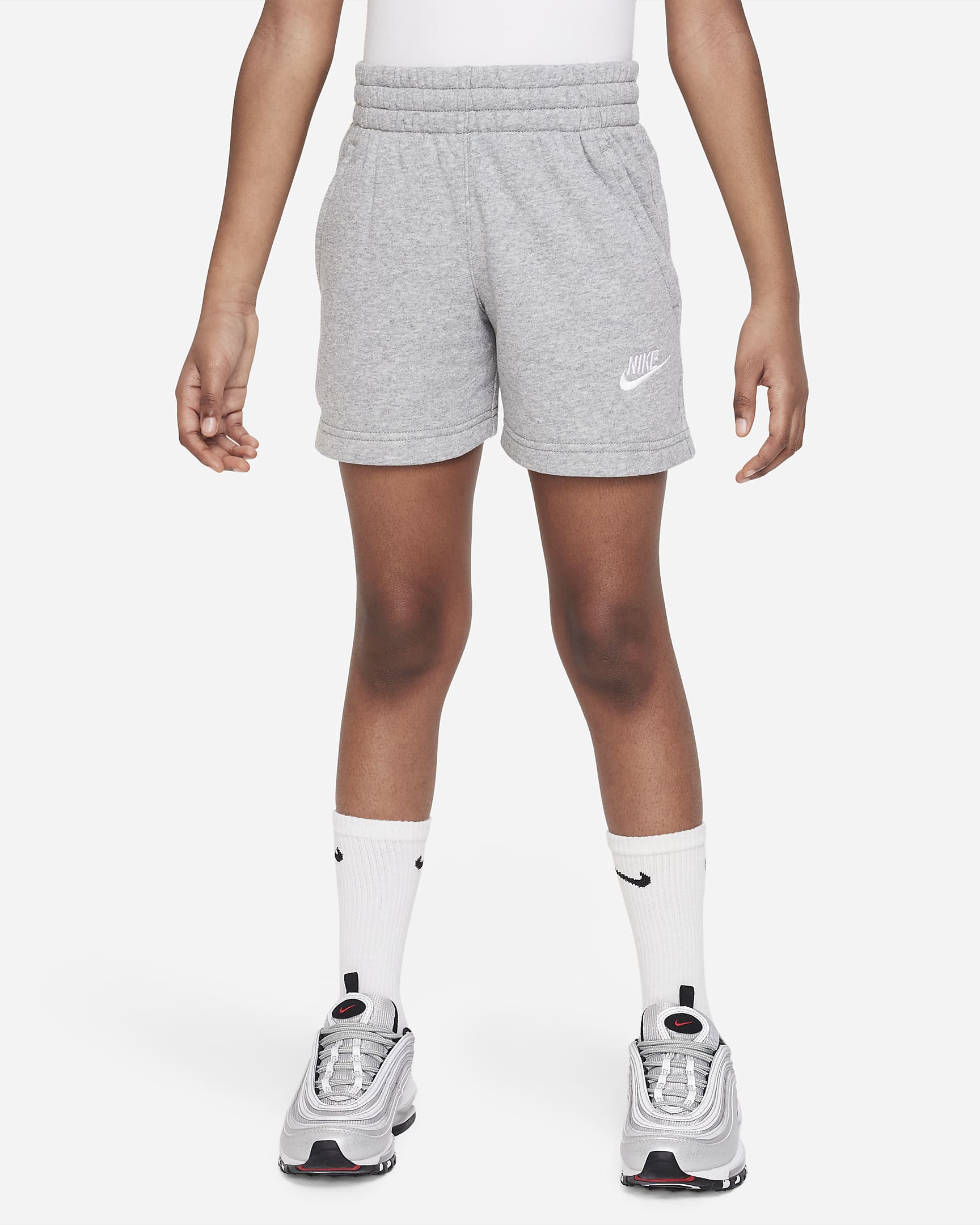 Nike Sportswear Club Fleece Older Kids' (Girls') 13cm (approx.) French Terry Shorts - Dark Grey Heather/Base Grey/White