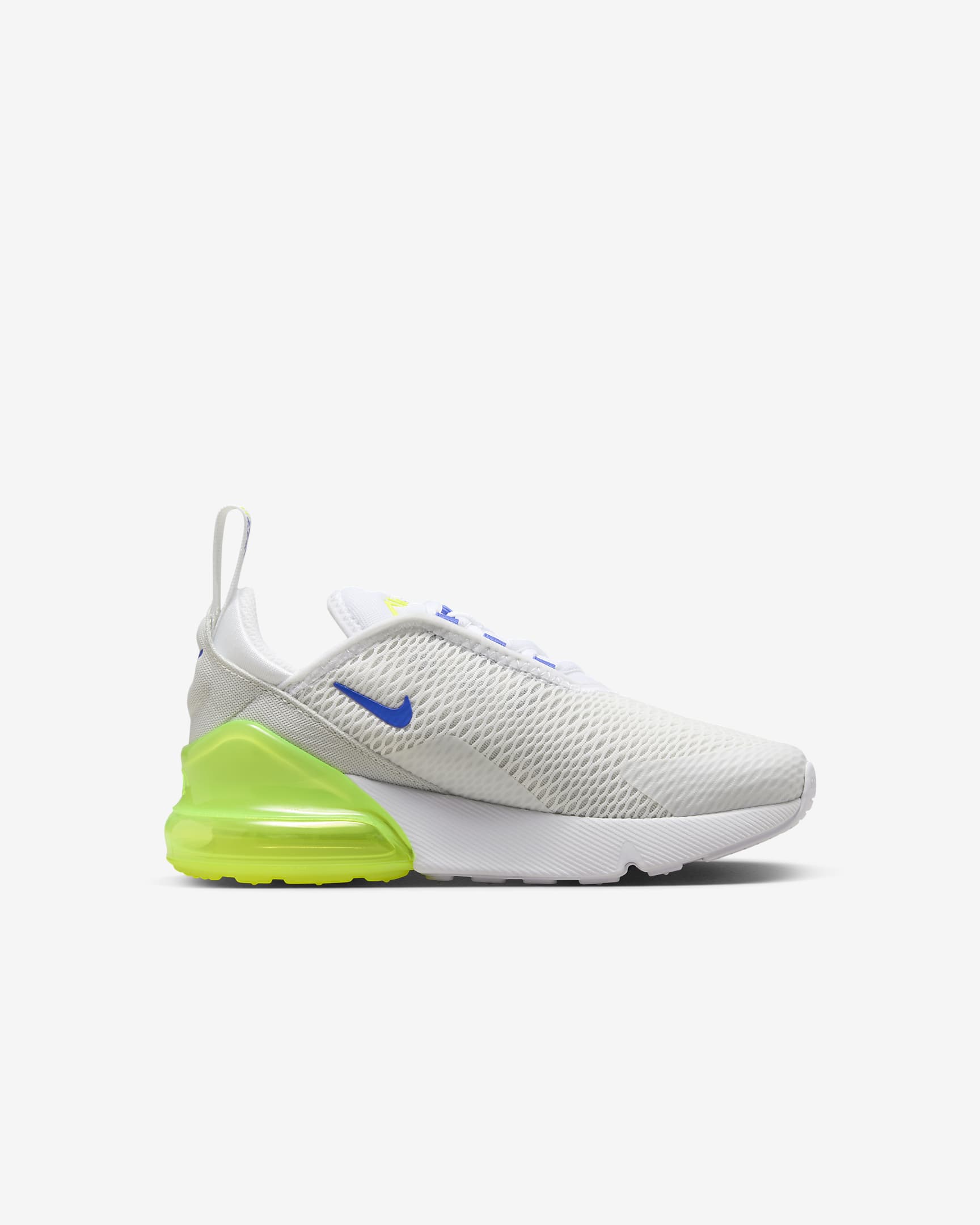 Tenis para niños de preescolar Nike Air Max 270 - Blanco/Volt/Polvo fotón/Azul astronómico