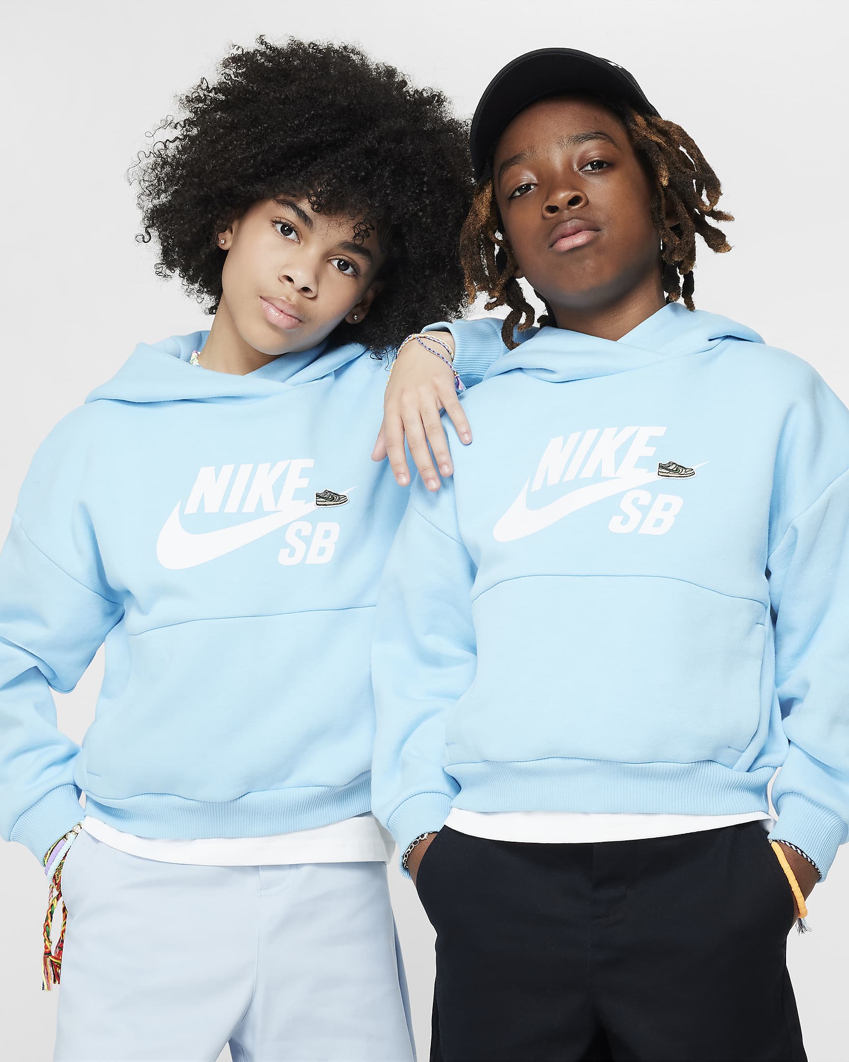 Nike SB Icon Fleece EasyOn Older Kids' Oversized Pullover Hoodie - Aquarius Blue/White