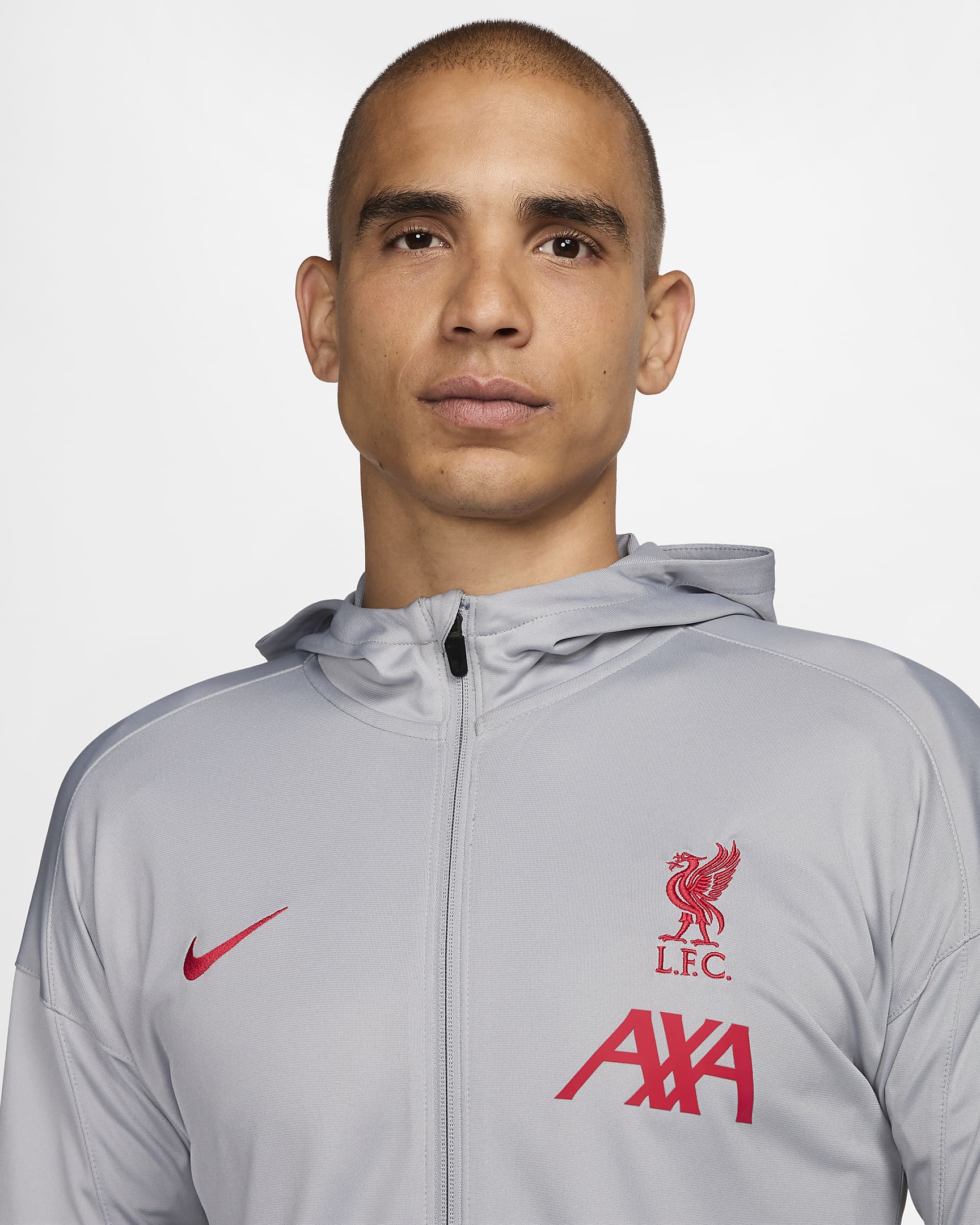 Liverpool FC Strike (tredjedrakt) Nike Dri-FIT strikket fotballtracksuit med hette til herre - Light Smoke Grey/Chrome Yellow/Dark Smoke Grey/Global Red