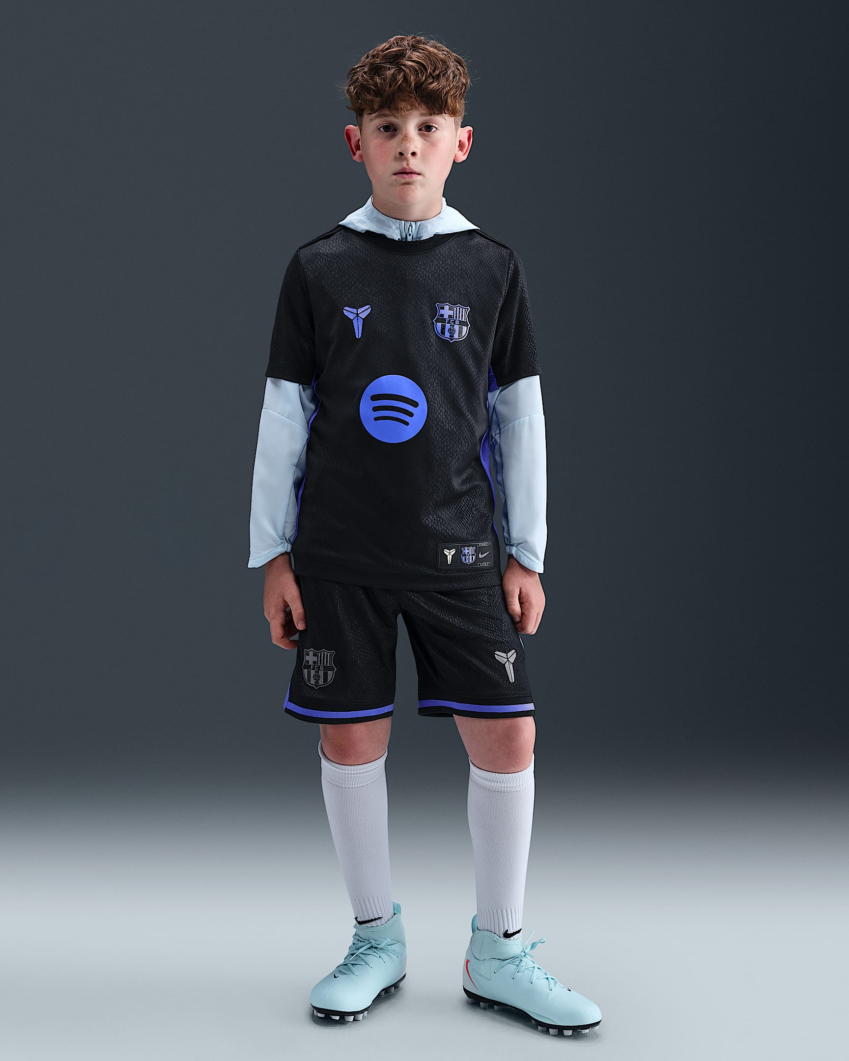 FC Barcelona 2025/26 Stadium Away Big Kids' Kobe Dri-FIT Soccer Replica Shorts - Black/Persian Violet/Iron Grey